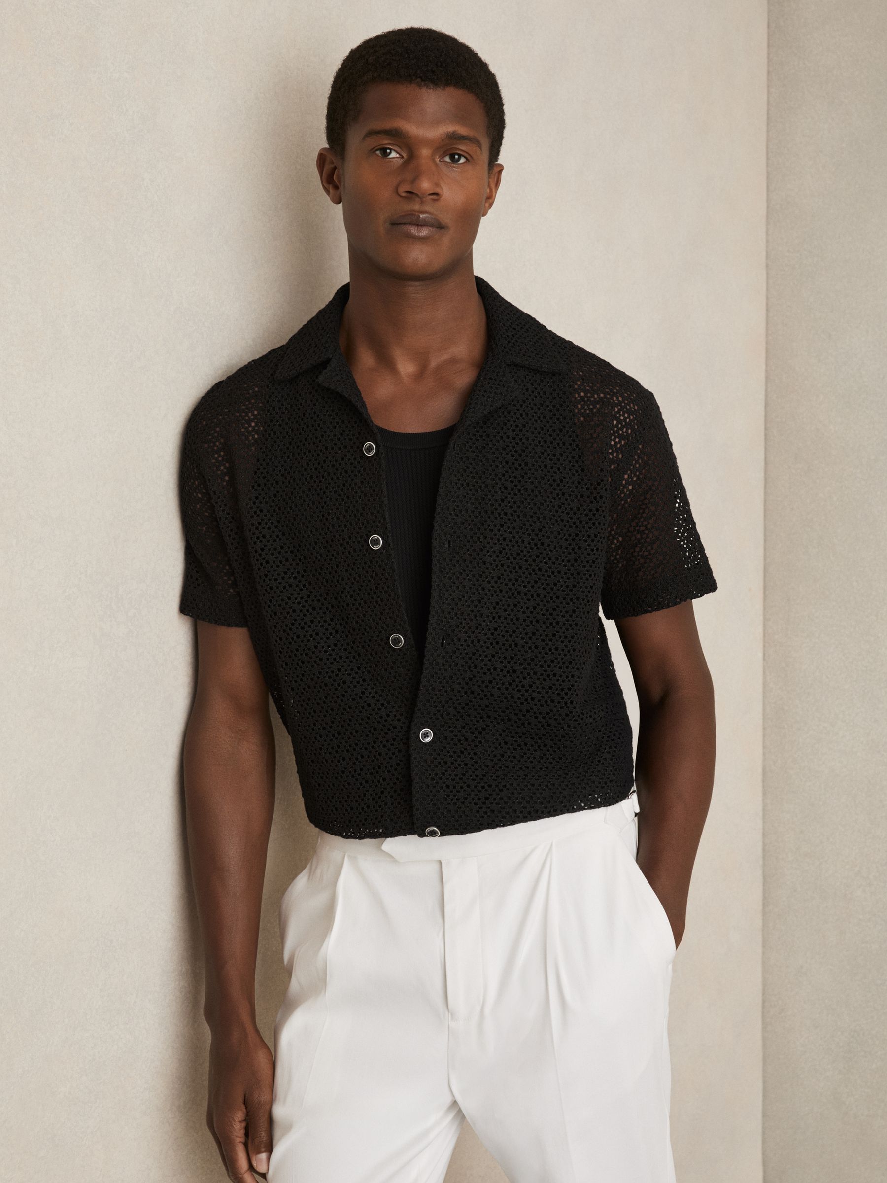 Crochet Cuban-Collar Shirt in Black - Image 1 of 5