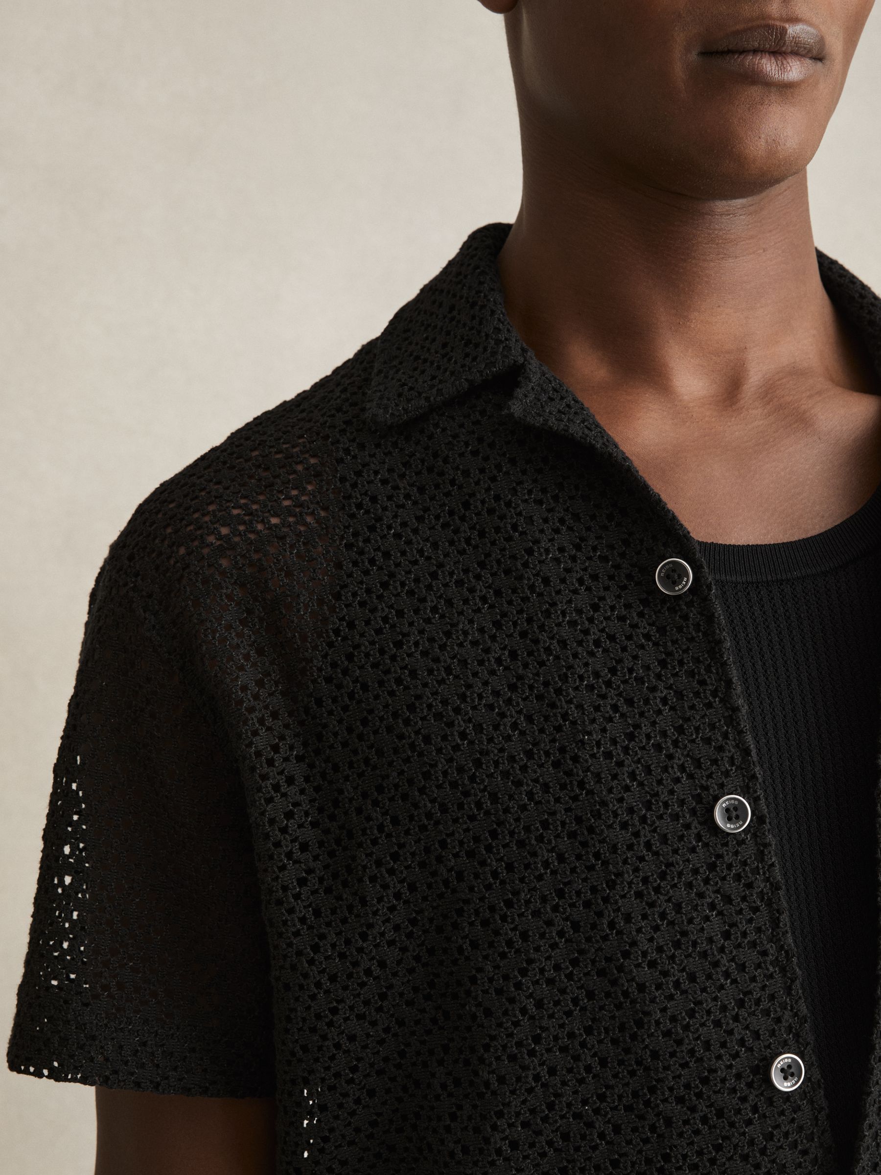 Crochet Cuban-Collar Shirt in Black - Image 3 of 5