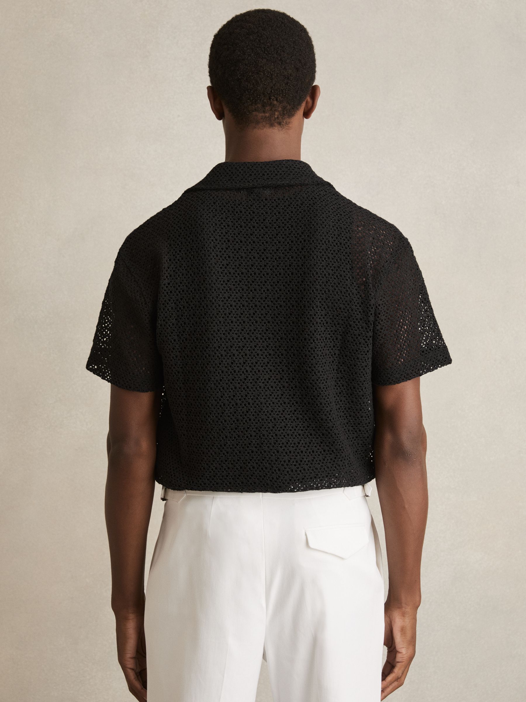 Crochet Cuban-Collar Shirt in Black - Image 4 of 5