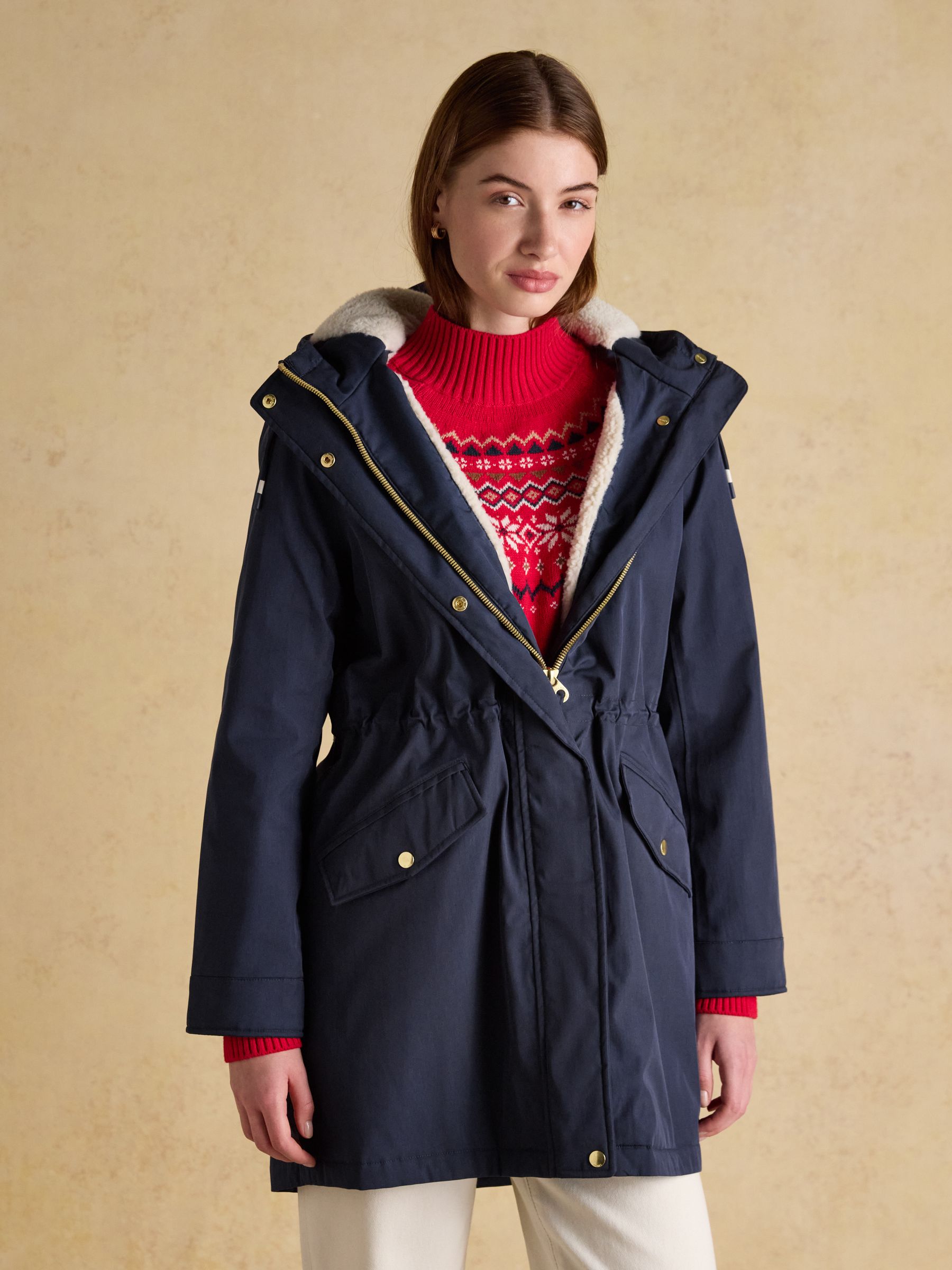 Portwell Cosy Navy Fleece Lined Waterproof Raincoat with Hood | Joules