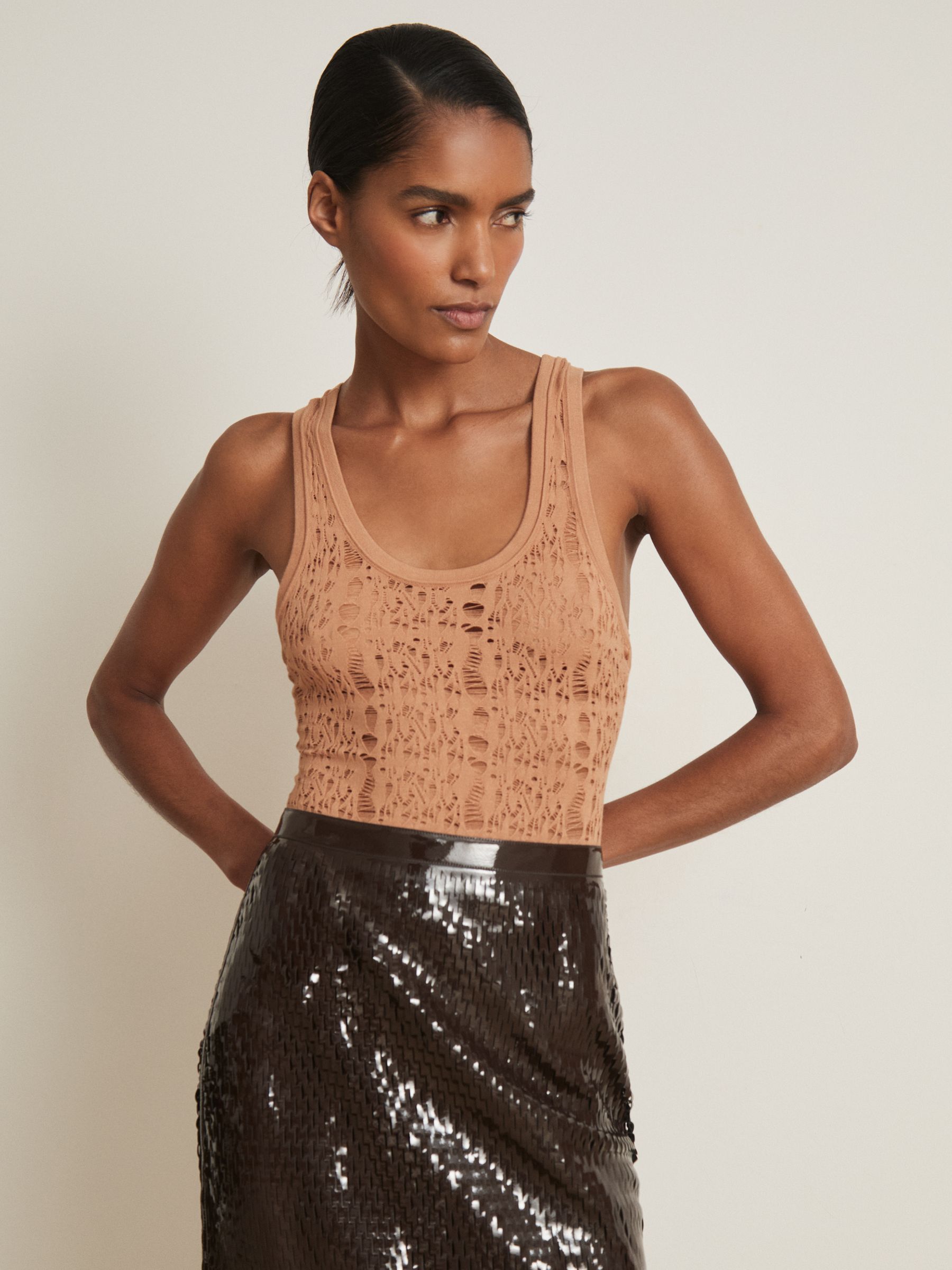 Atelier Ladder Knit High Neck Bodysuit in Tan - Image 3 of 6