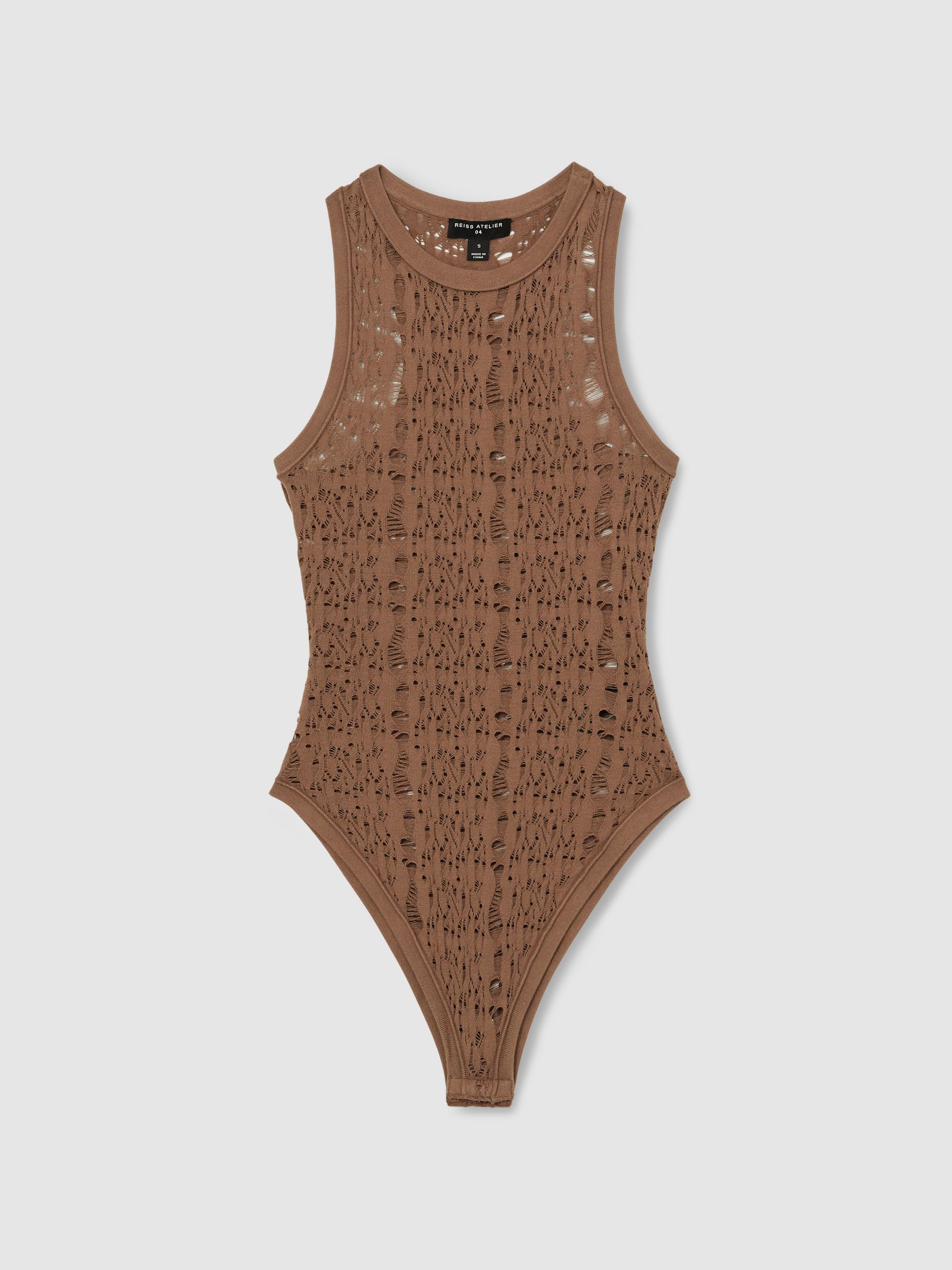 Atelier Ladder Knit High Neck Bodysuit in Taupe - Image 2 of 6