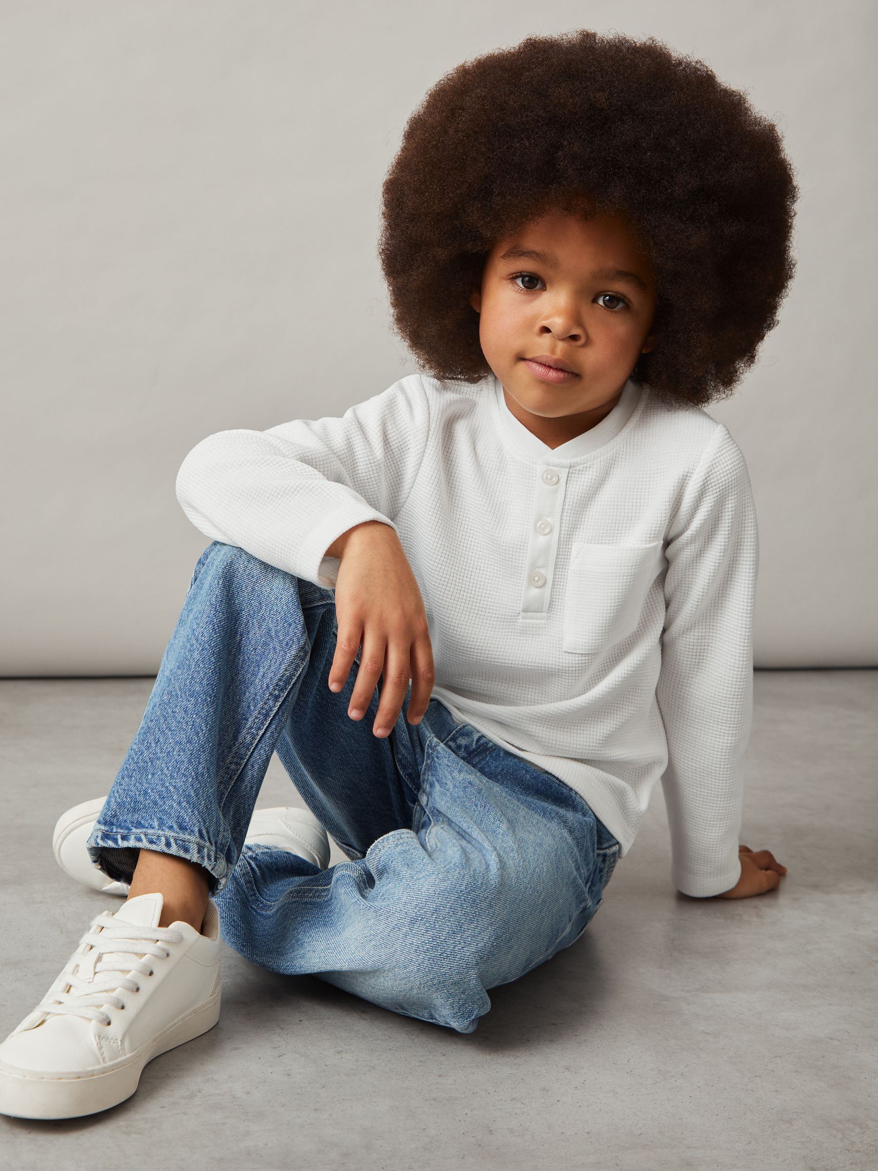 3-9 yrs Cotton-Blend Waffle Henley T-Shirt in White - Image 1 of 4