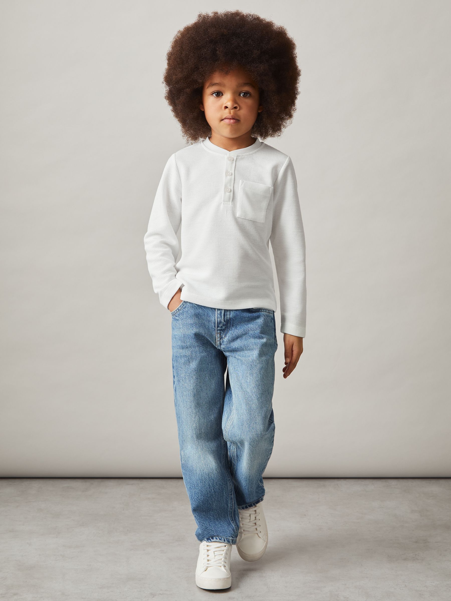 3-9 yrs Cotton-Blend Waffle Henley T-Shirt in White - Image 3 of 4