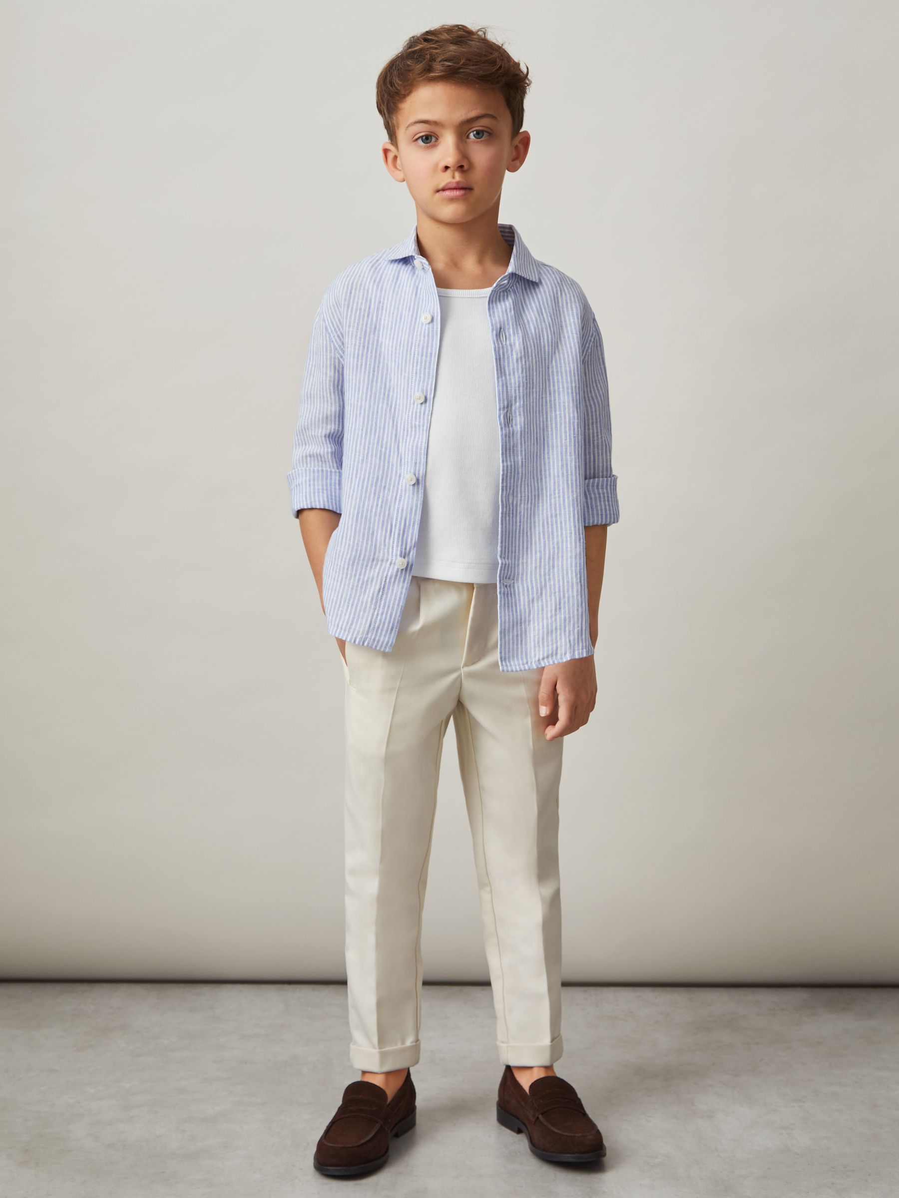 9-13 yrs Linen Cutaway Collar Shirt in Blue/White Stripe - Image 1 of 4