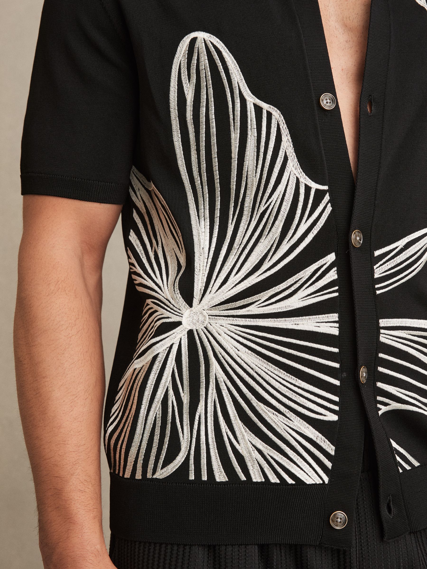 Flower Embroidered Knit Shirt in Black - Image 3 of 5