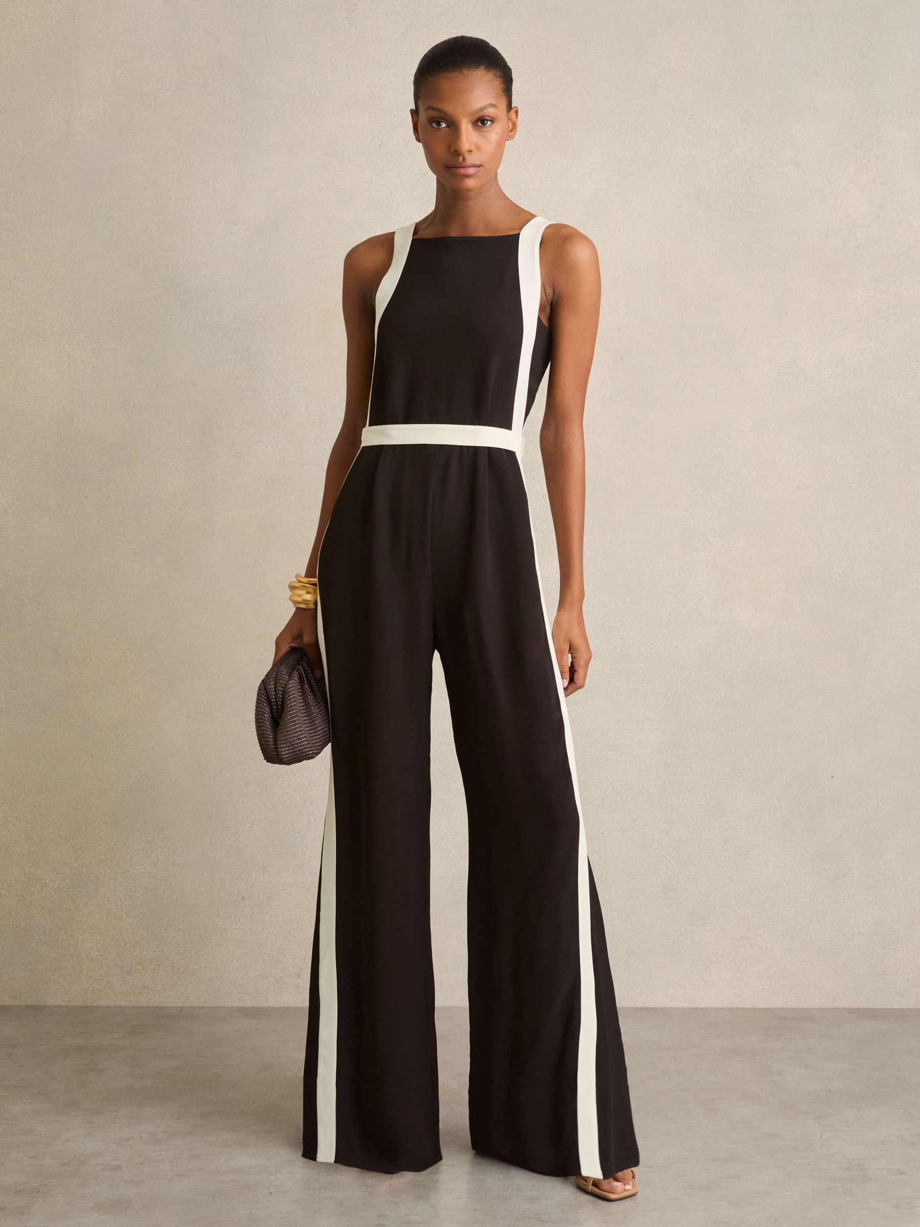 Colour-Block Wide-Leg Jumpsuit in Chocolate/Cream - Image 3 of 6