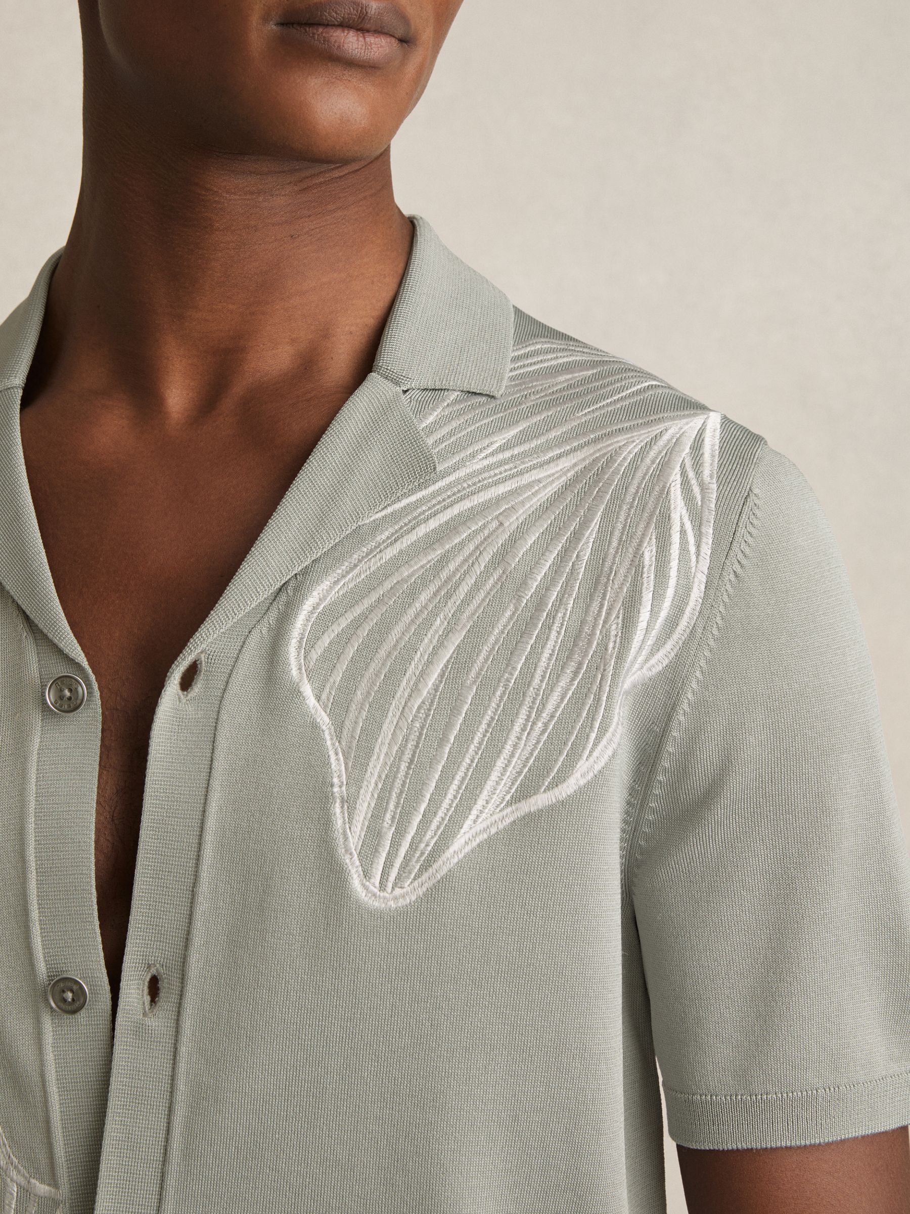 Flower Embroidered Knit Shirt in Soft Sage - Image 4 of 7