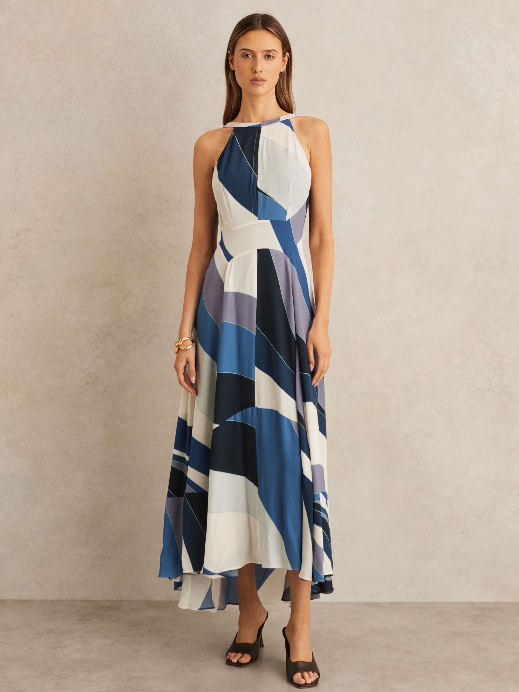 Stripe Print V-Back Midi Dress in Blue - Image 3 of 6