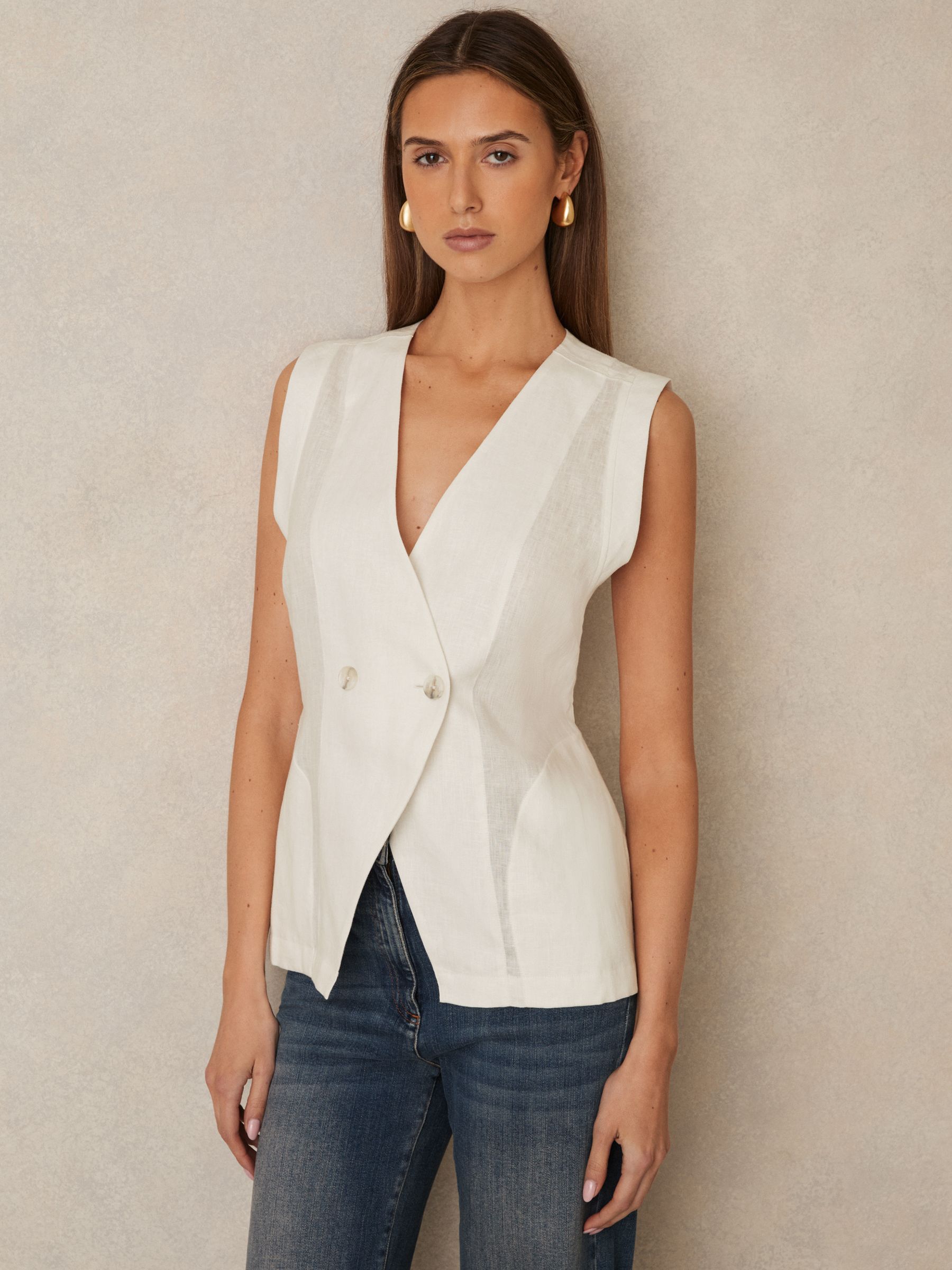 Linen Button-Front Waistcoat in Ivory - Image 5 of 7