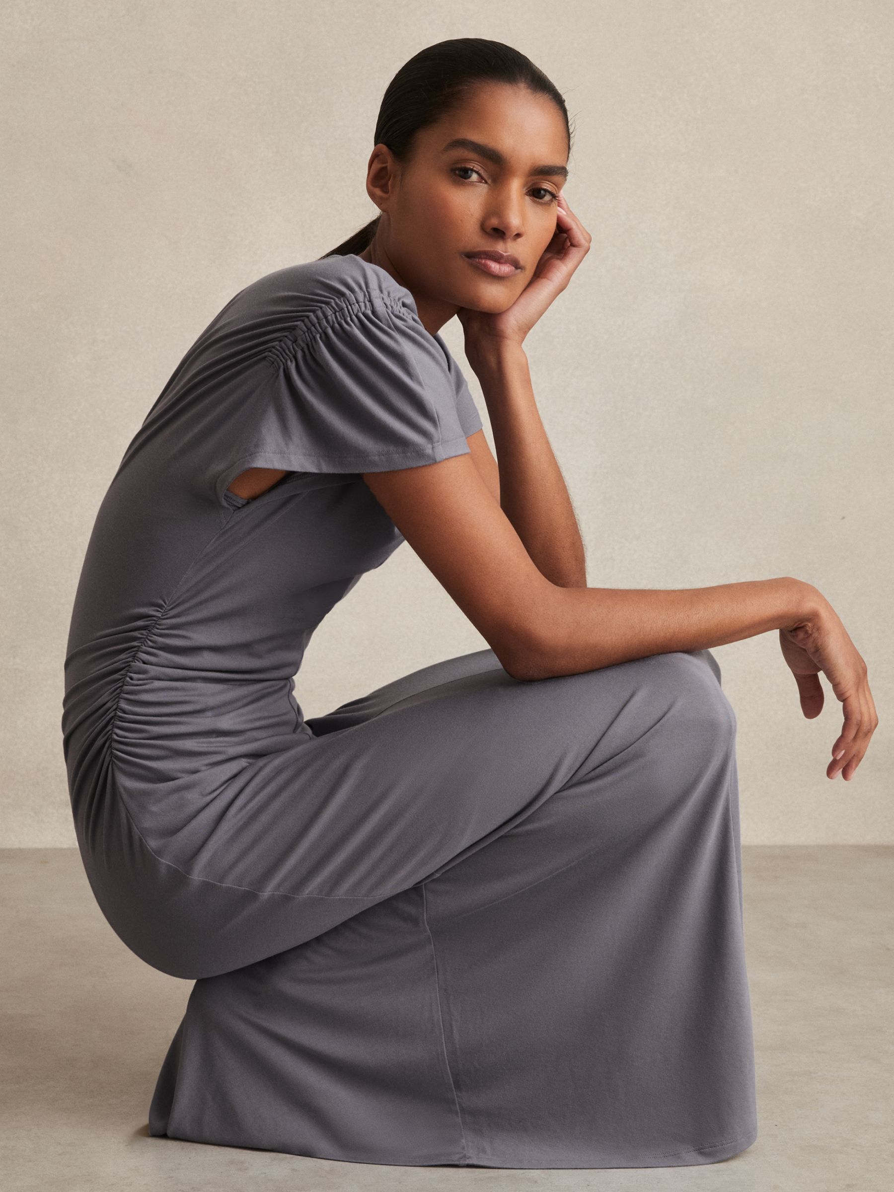 Modal Blend Ruched Jersey Dress in Grey - Image 3 of 6