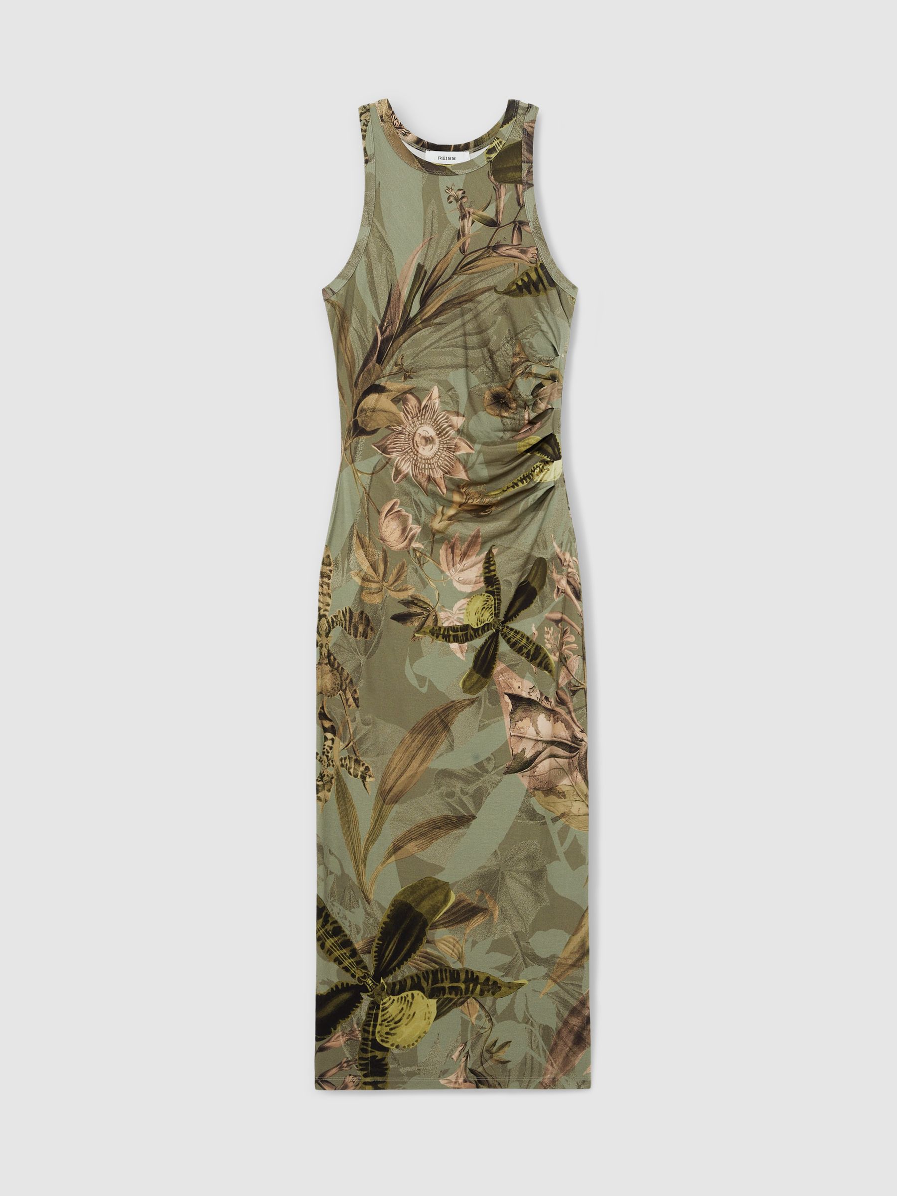 Reiss | NYBG Floral Ruched Jersey Dress in Khaki - Image 2 of 5