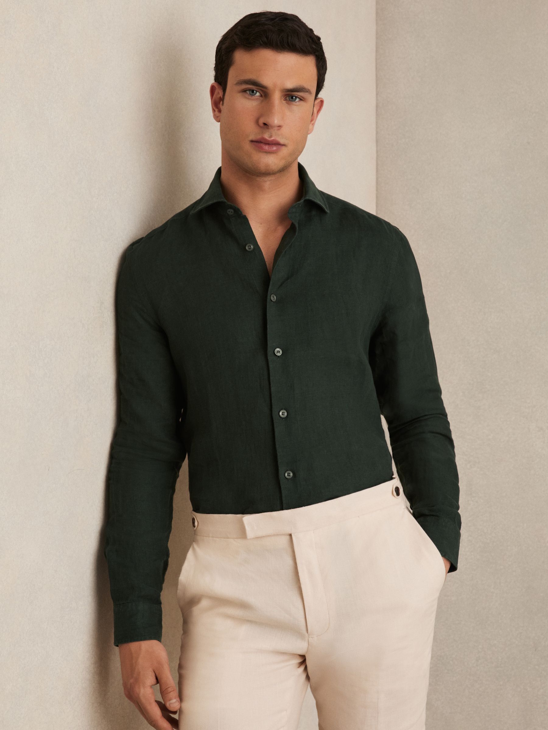Linen Striped Cutaway-Collar Shirt in Dark Hunting Green - Image 4 of 7