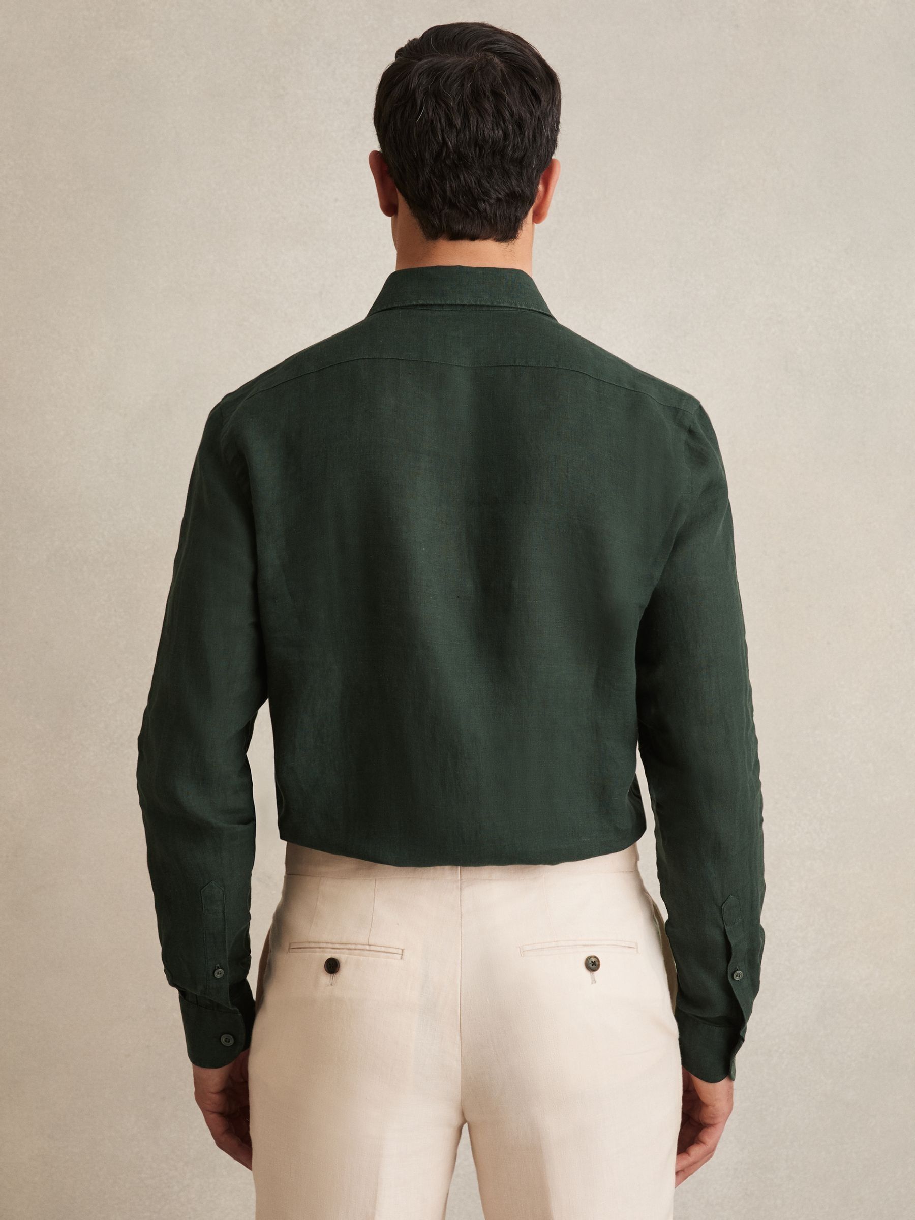 Linen Striped Cutaway-Collar Shirt in Dark Hunting Green - Image 6 of 7