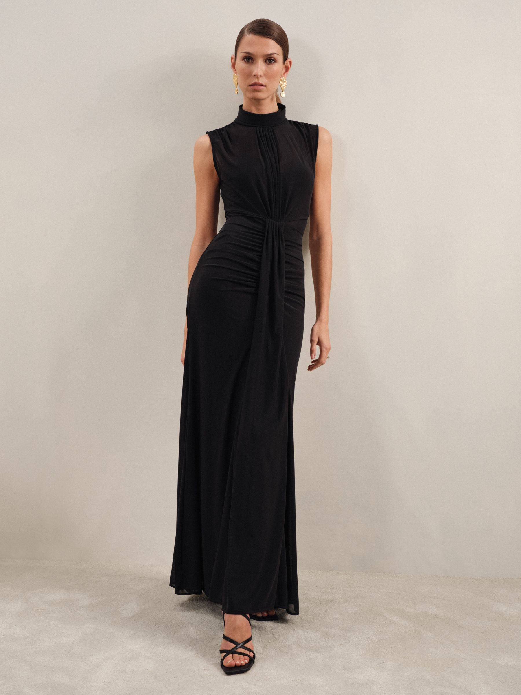 Sheer Ruched Maxi Dress in Black - Image 1 of 6