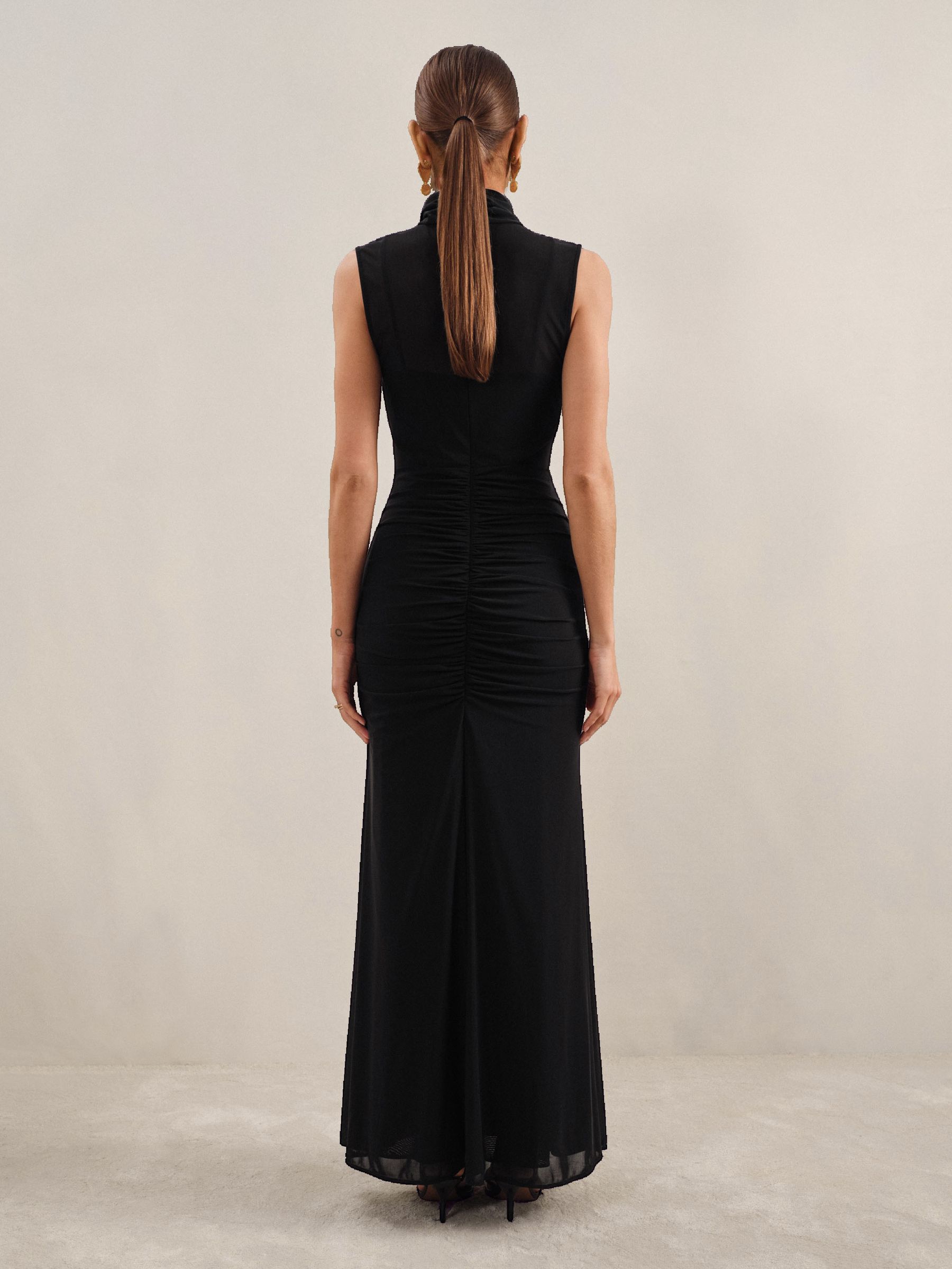 Sheer Ruched Maxi Dress in Black - Image 4 of 6