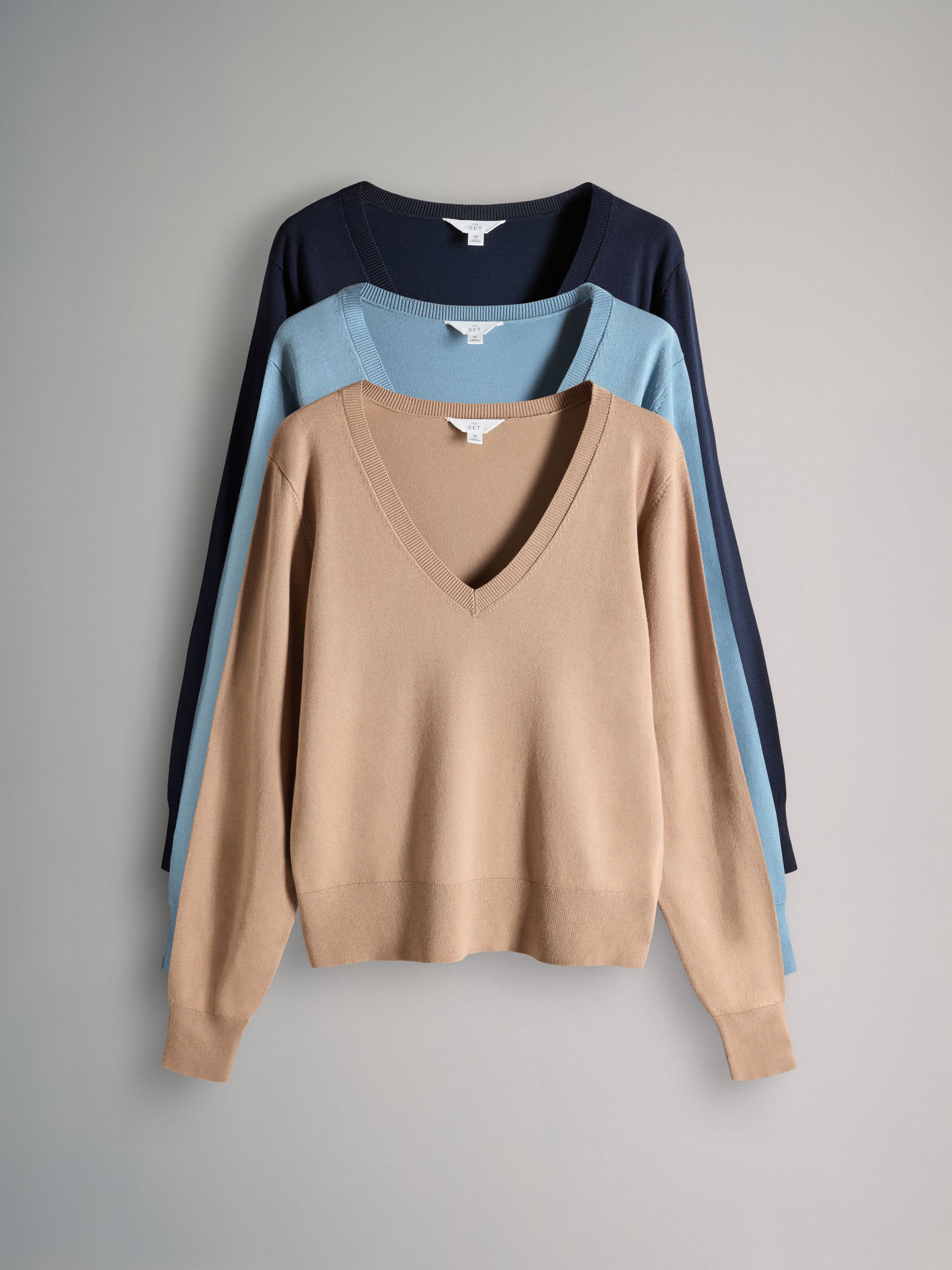 Navy/Blue/Brown - 3 Pack V-Neck Fine Knit Jumpers - Image 1 of 6
