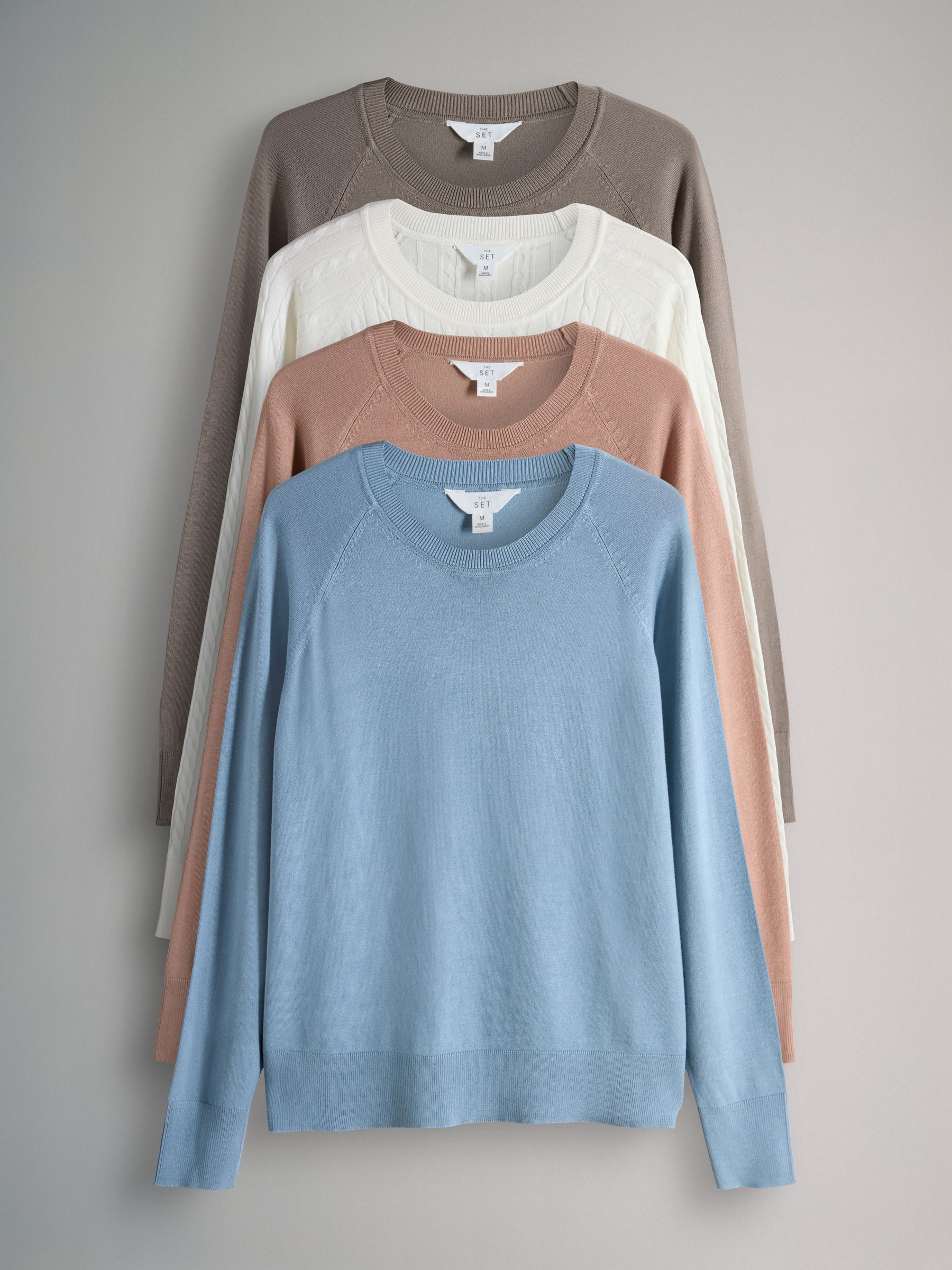 Blue/Tan/Neutral/ Cream Cable - 4 Pack Fine Knit Crew Neck Jumpers - Image 1 of 7