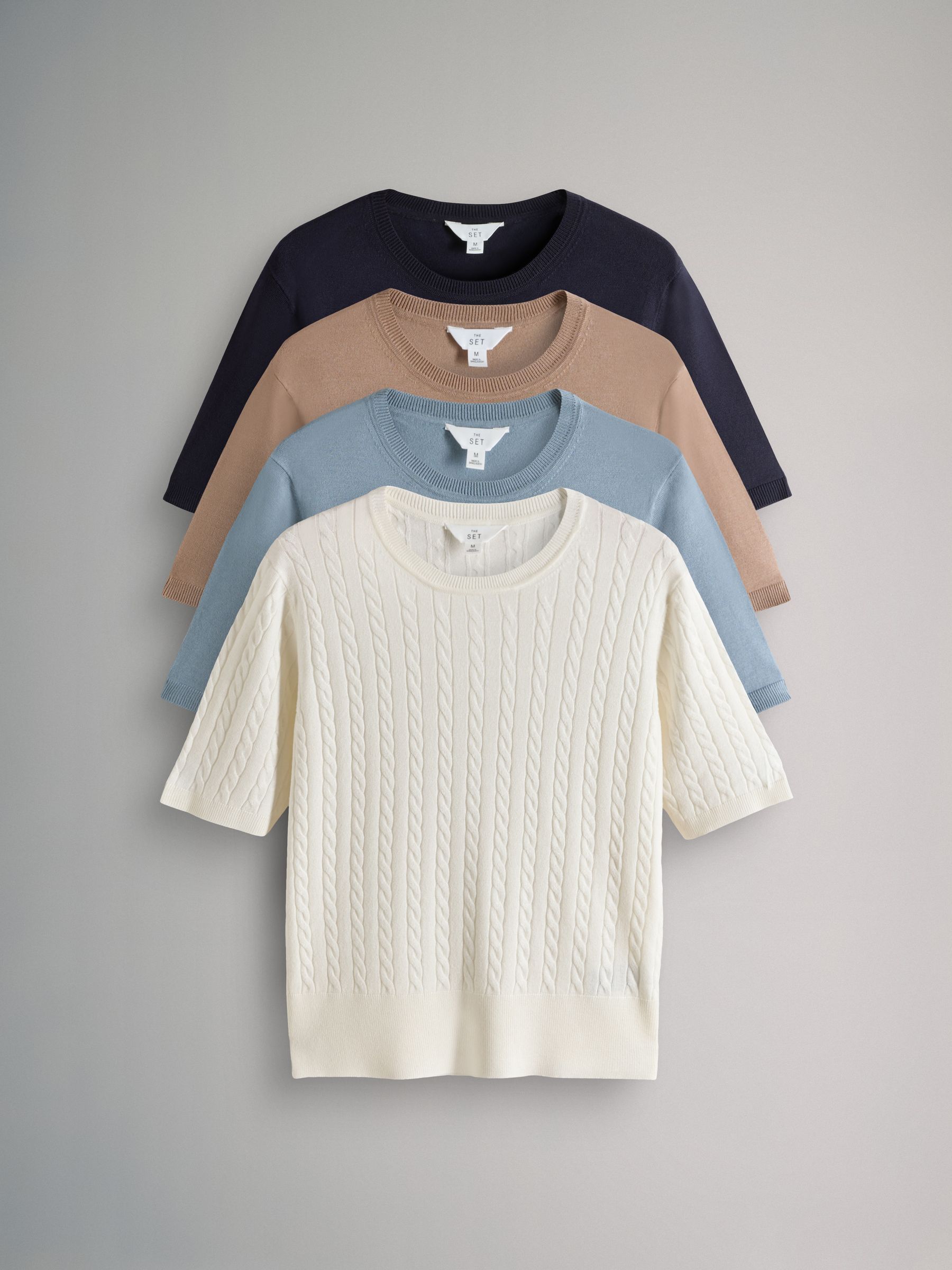Navy/Blue/Brown/Cream 4 Pack Fine Knit Cable T-Shirts - Image 1 of 6