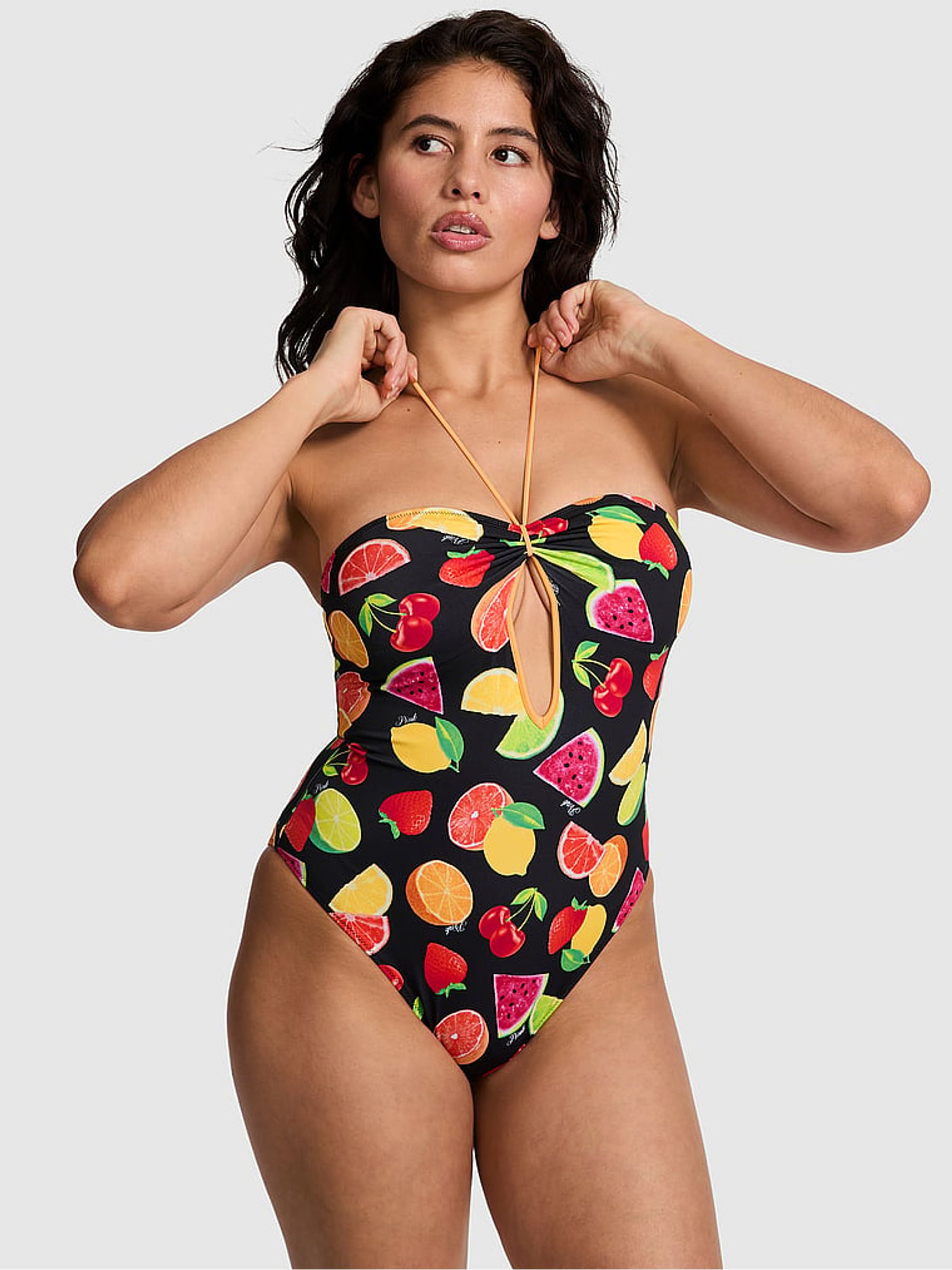 Black Ground Fruit Halter Keyhole Charm Swimsuit - Image 1 of 2