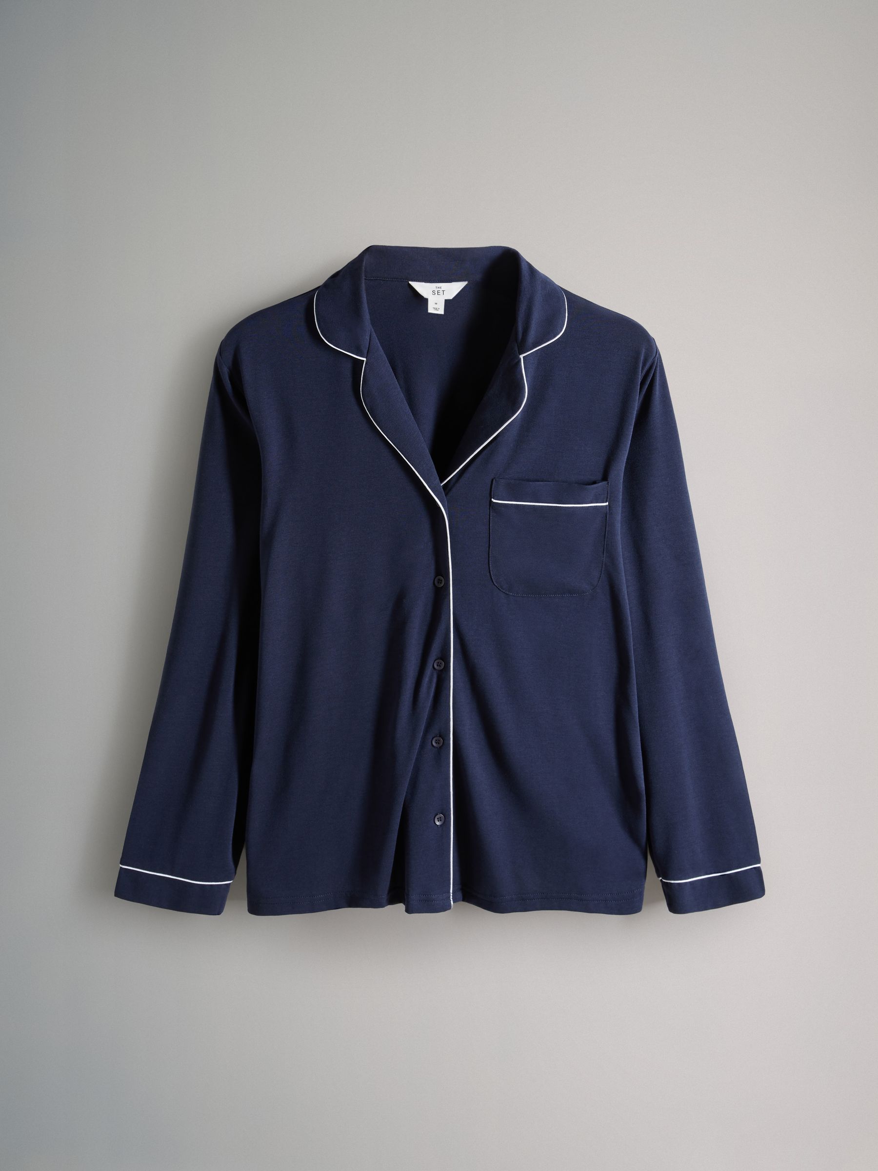 Navy/Grey Marl - 2 Pack Viscose Blend Button Through Long Pyjamas with Piping - Image 4 of 6