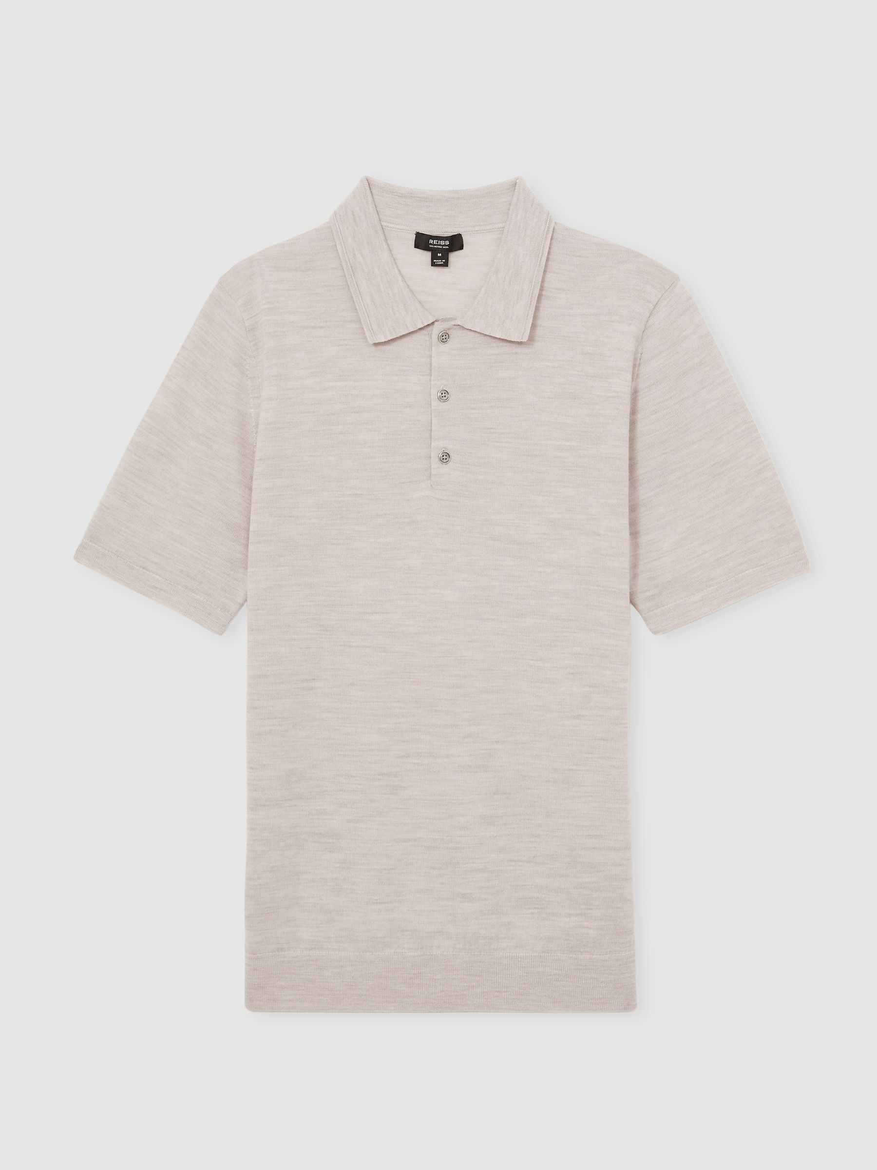 Merino Wool Short-Sleeve Polo Shirt in Wicker Brown Melange - Image 2 of 5