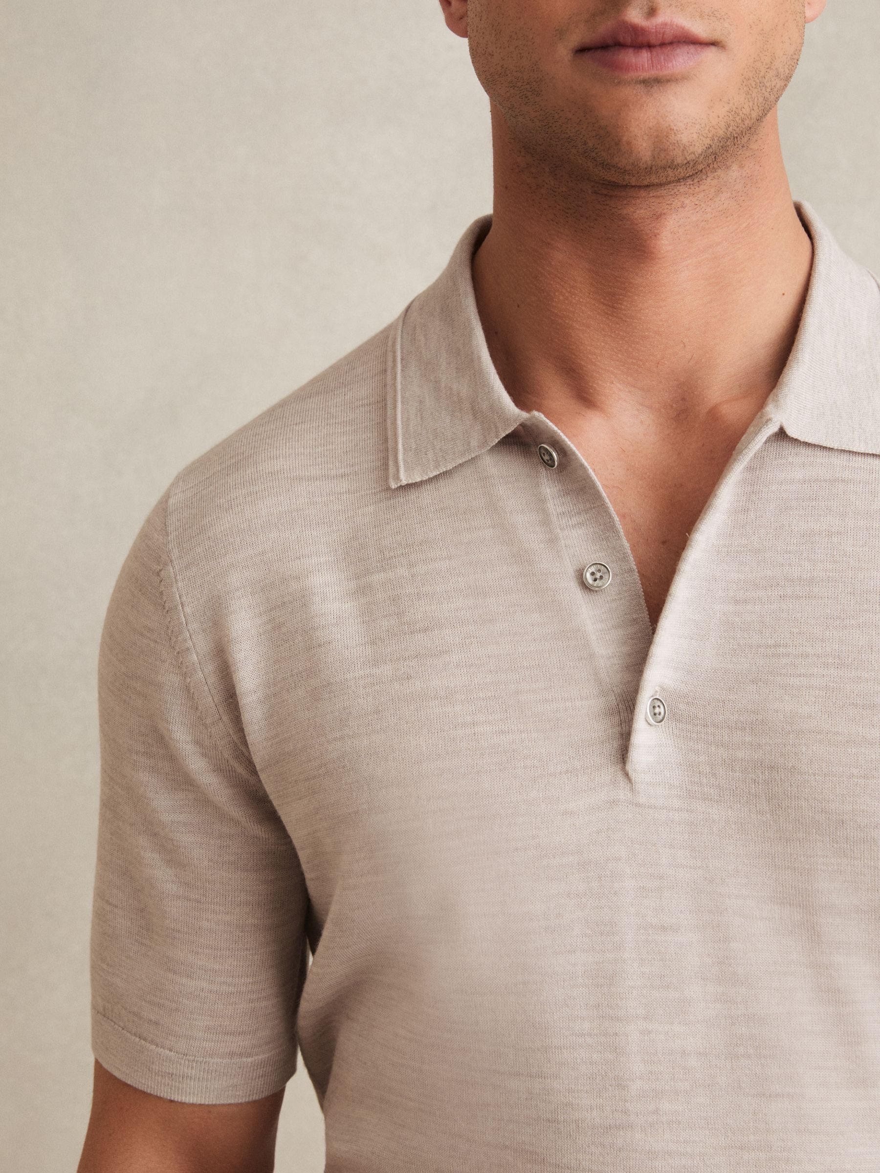 Merino Wool Short-Sleeve Polo Shirt in Wicker Brown Melange - Image 3 of 5