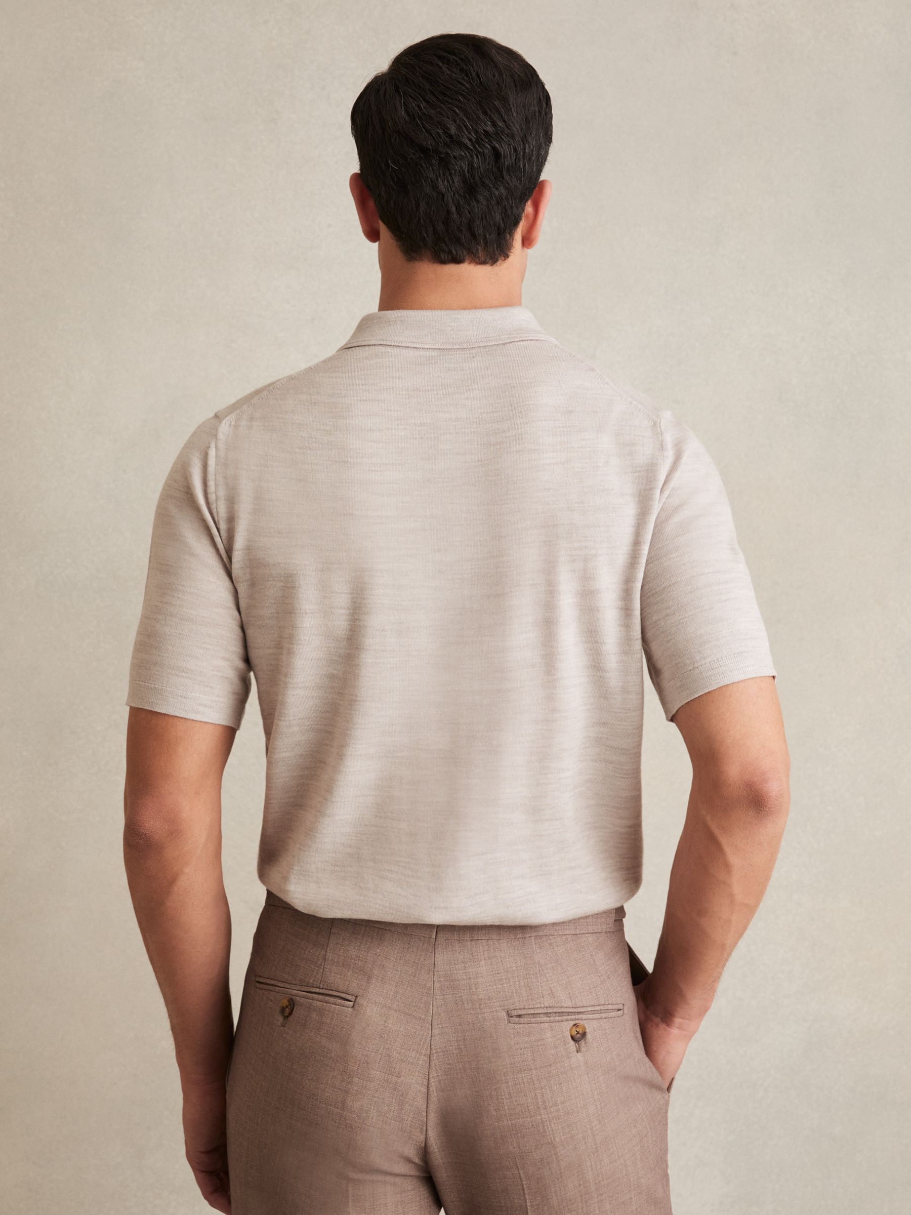 Merino Wool Short-Sleeve Polo Shirt in Wicker Brown Melange - Image 4 of 5