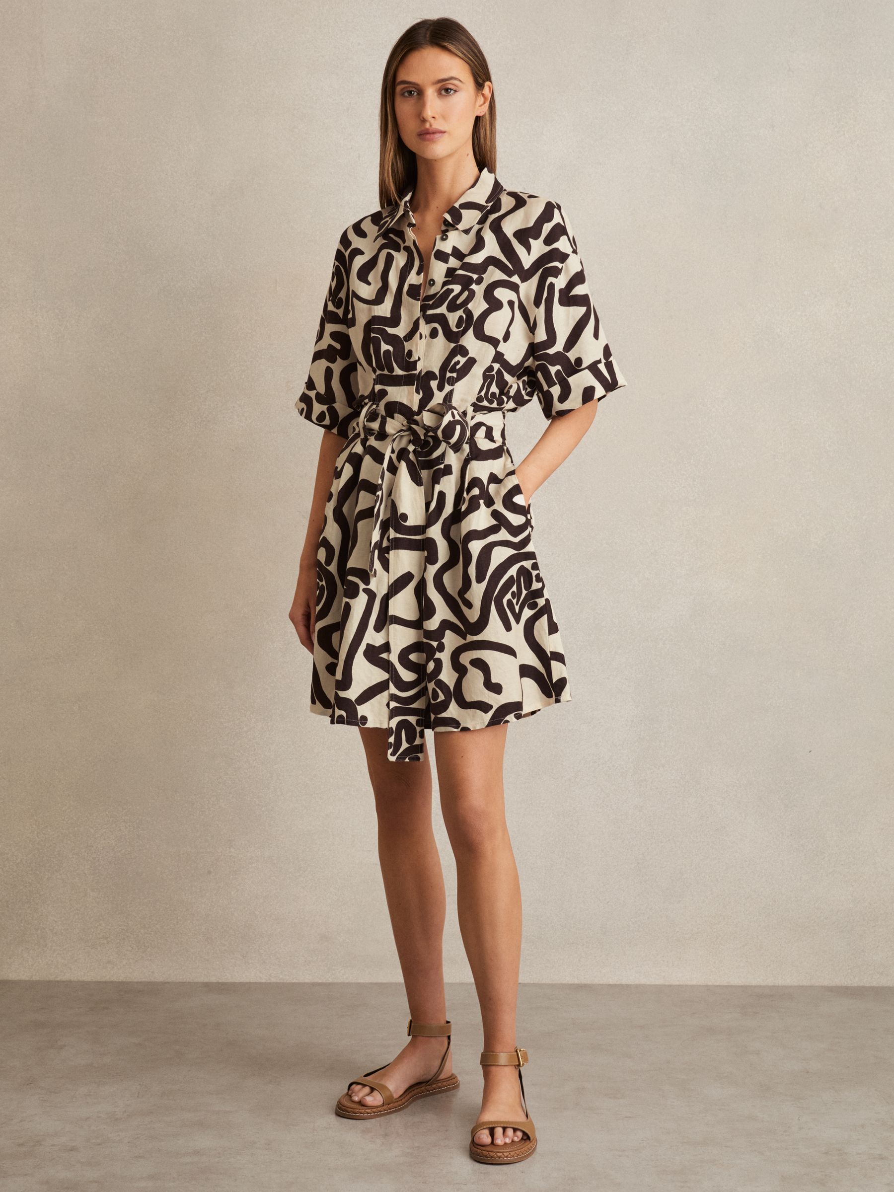 Linen Blend Printed Shirt Dress in Brown/Ivory - Image 3 of 7