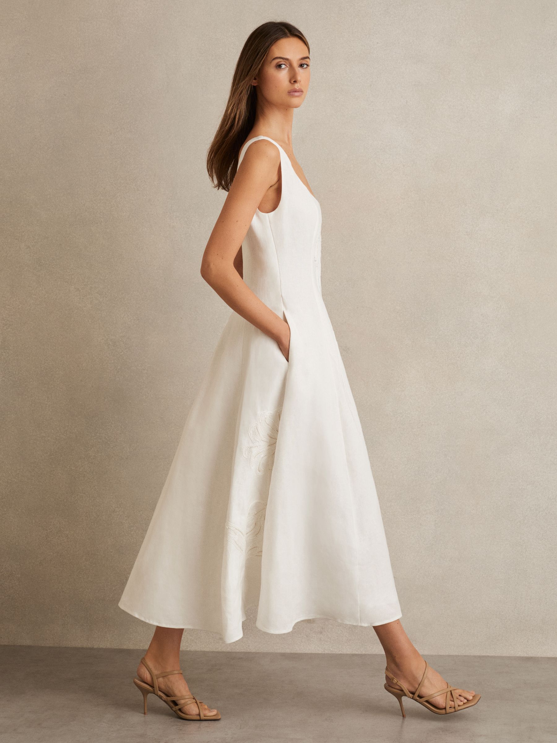 Linen Floral-Embroidered Midi Dress in Ivory - Image 3 of 6
