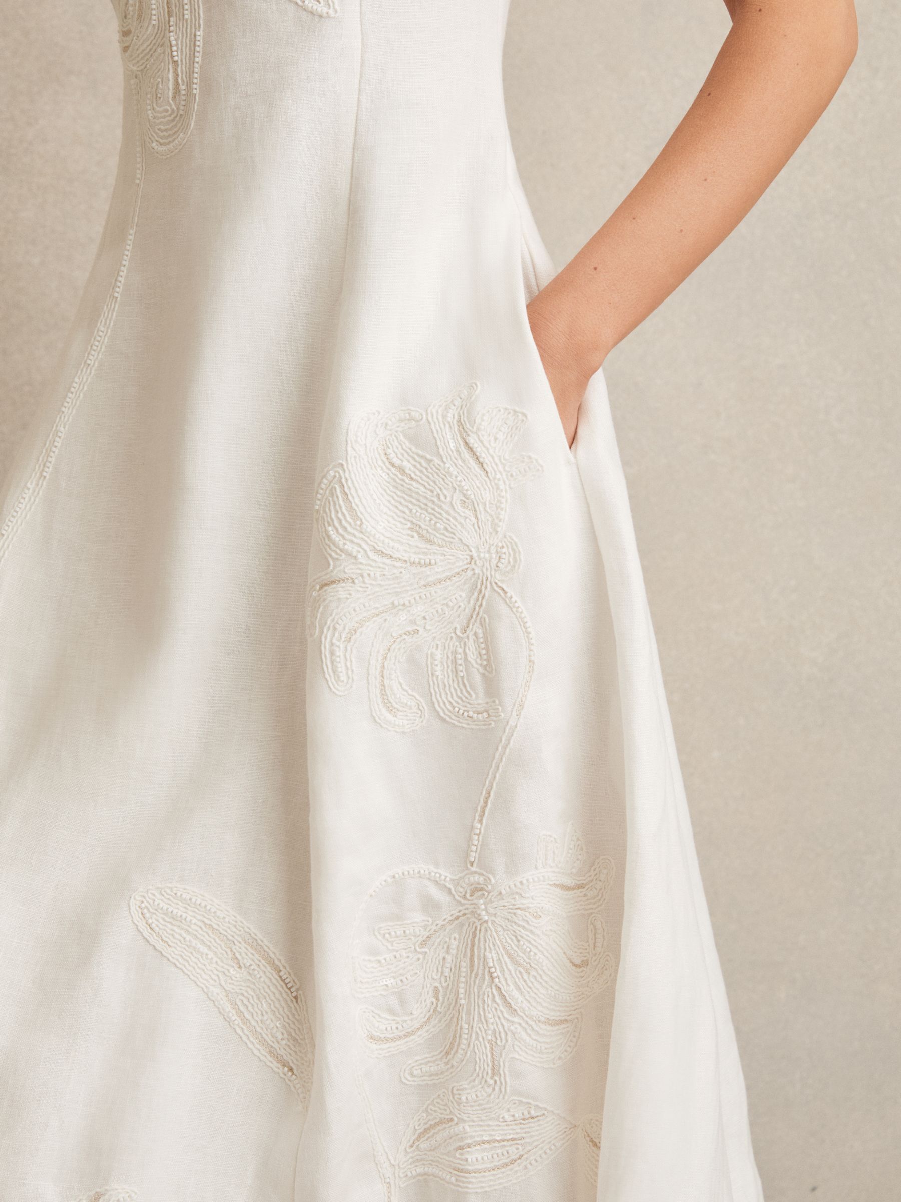 Linen Floral-Embroidered Midi Dress in Ivory - image 4