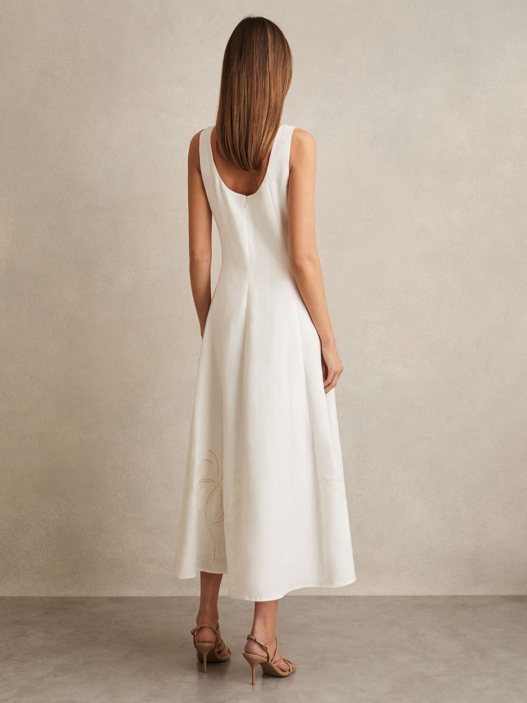 Linen Floral-Embroidered Midi Dress in Ivory - Image 5 of 6