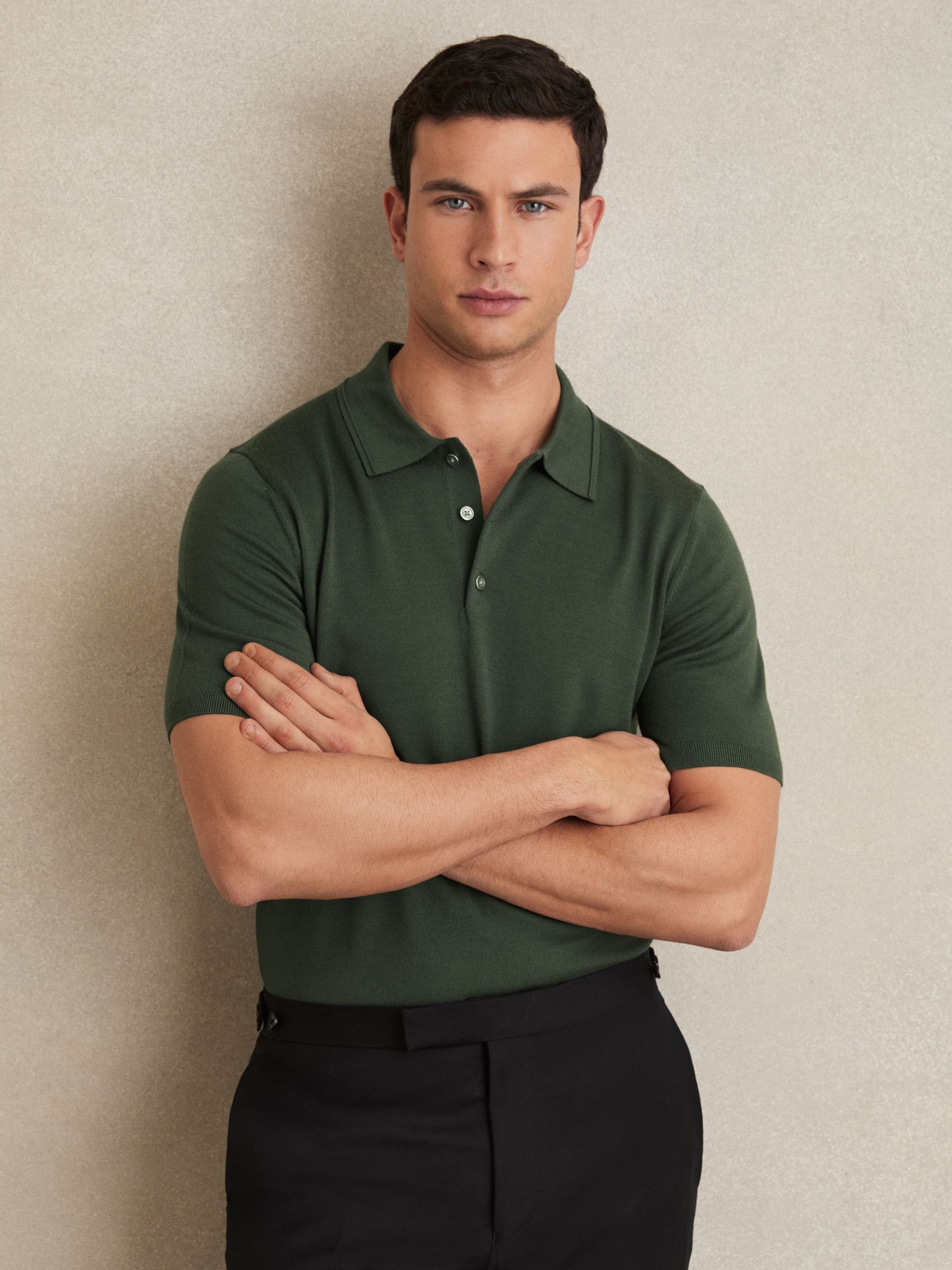 Merino Wool Short-Sleeve Polo Shirt in Kale Green - Image 1 of 6