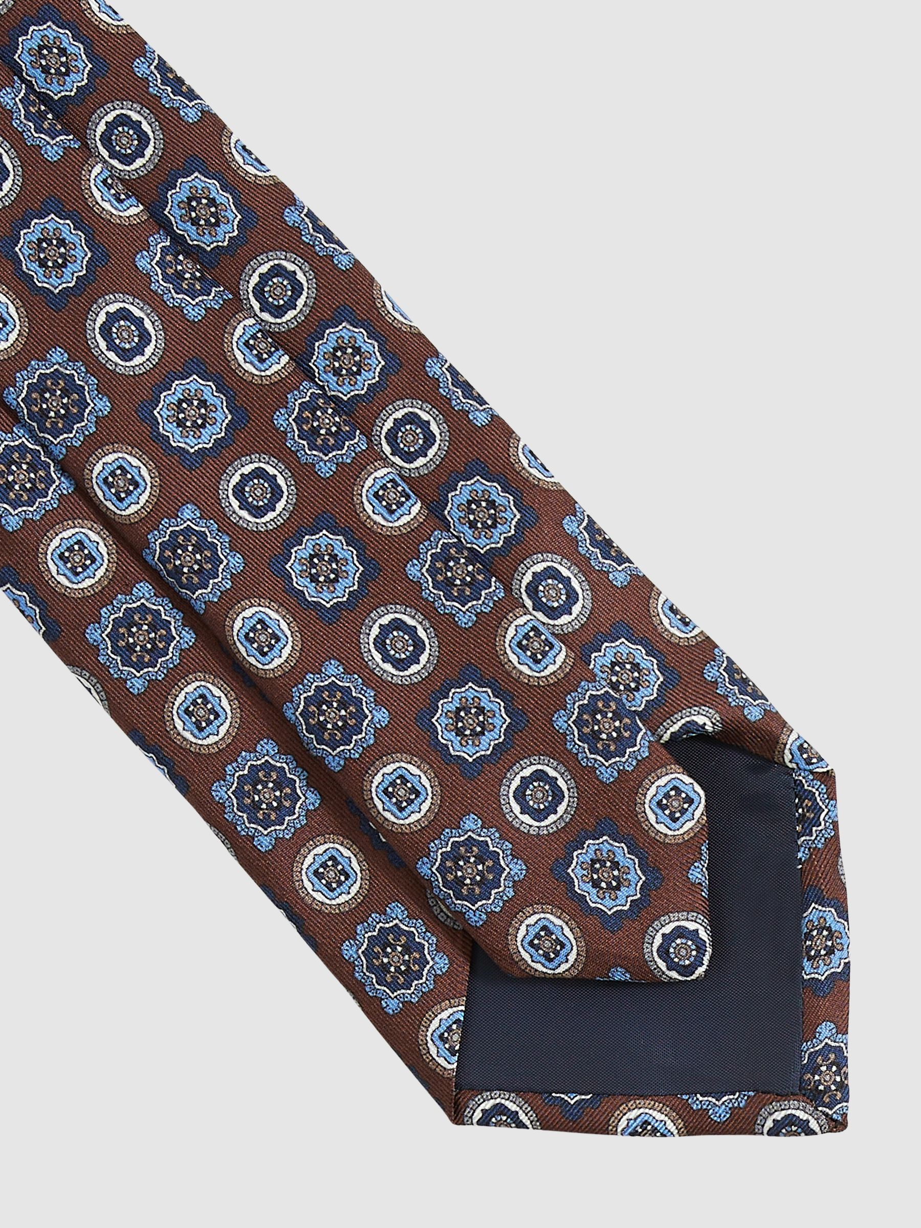 Silk Foulard Medallion Print Tie in Chocolate Brown - Image 4 of 5