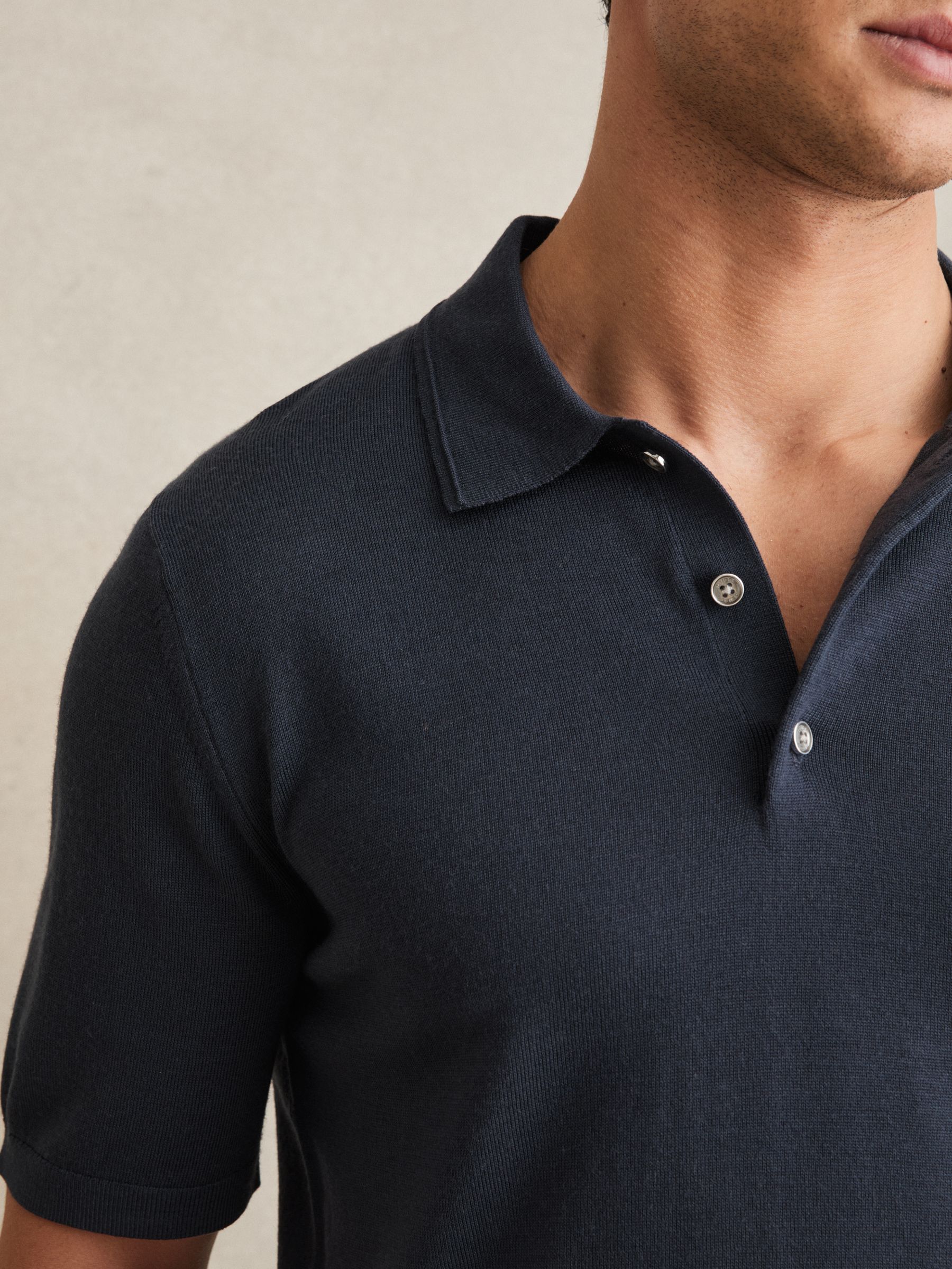 Merino Wool Short-Sleeve Polo Shirt in Midnight Navy - Image 3 of 7