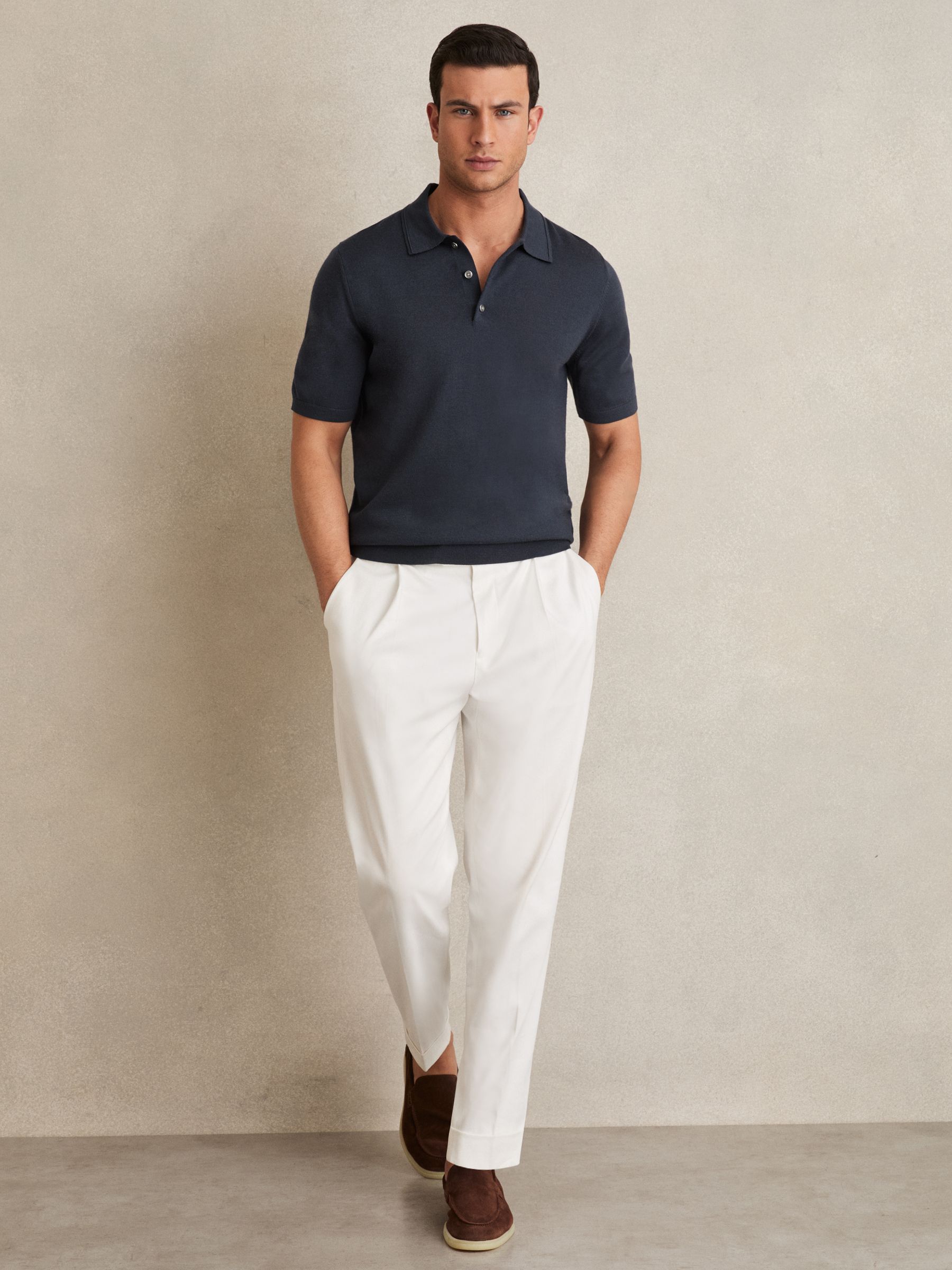 Merino Wool Short-Sleeve Polo Shirt in Midnight Navy - Image 4 of 7