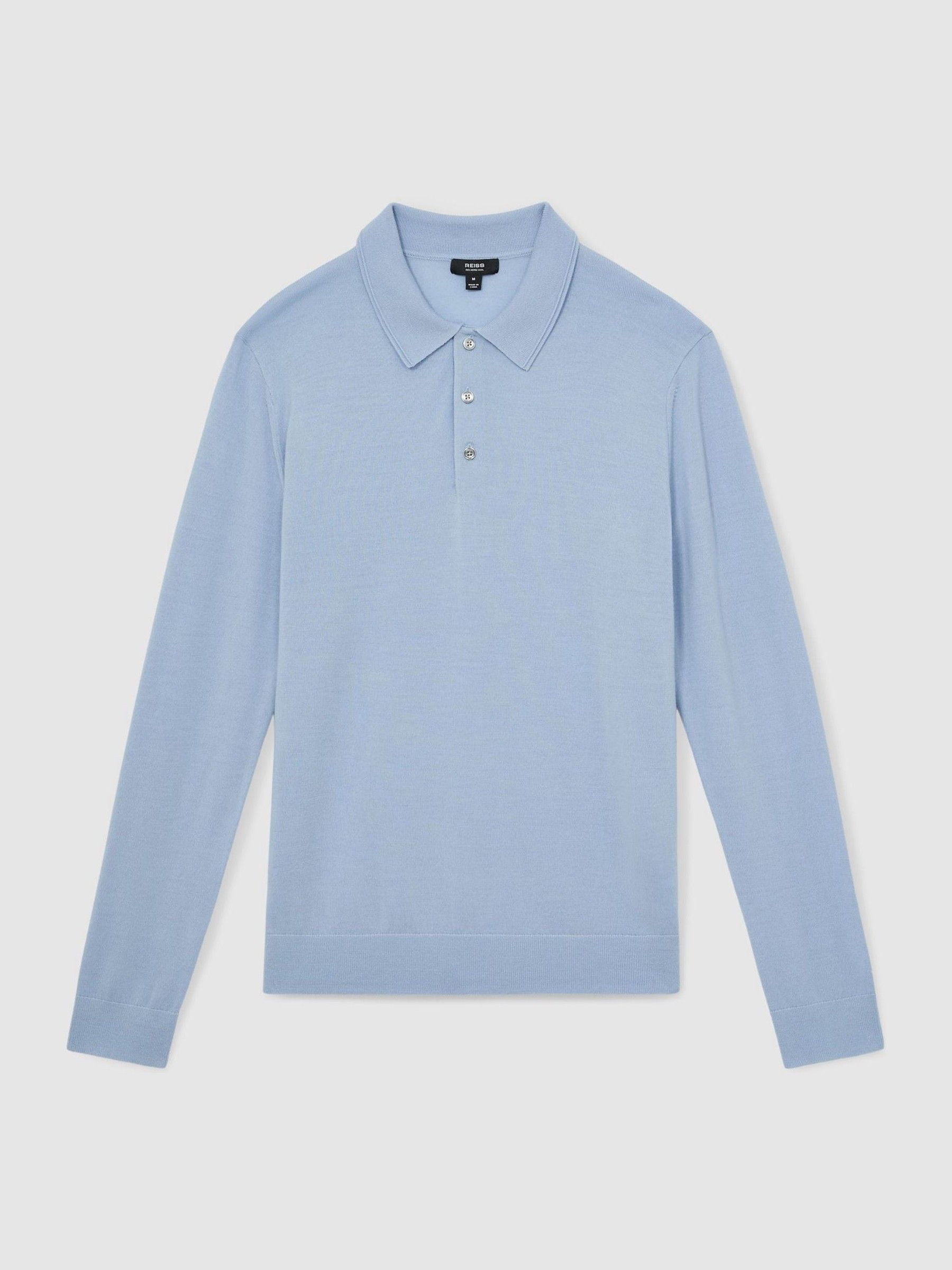 Merino Wool Long-Sleeve Polo Shirt in Soft Blue - Image 2 of 7