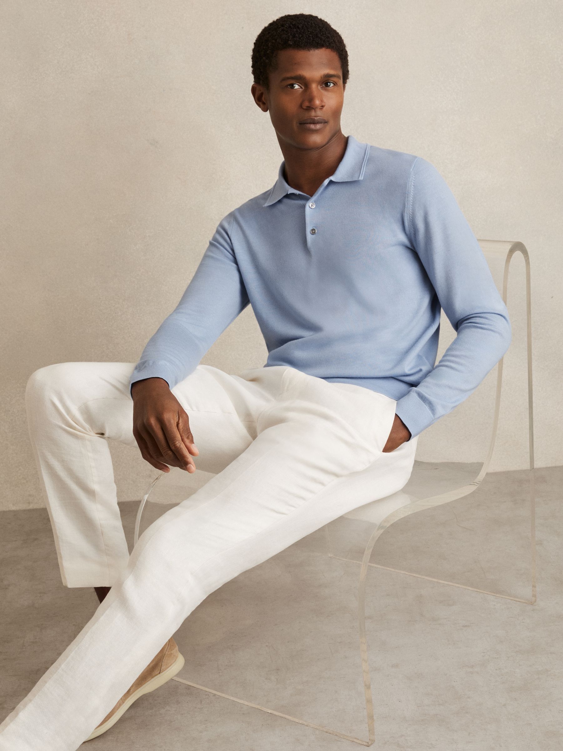 Merino Wool Long-Sleeve Polo Shirt in Soft Blue - Image 3 of 7