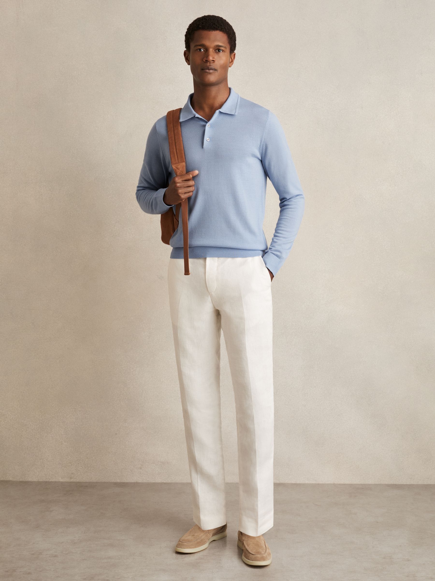 Merino Wool Long-Sleeve Polo Shirt in Soft Blue - Image 4 of 7