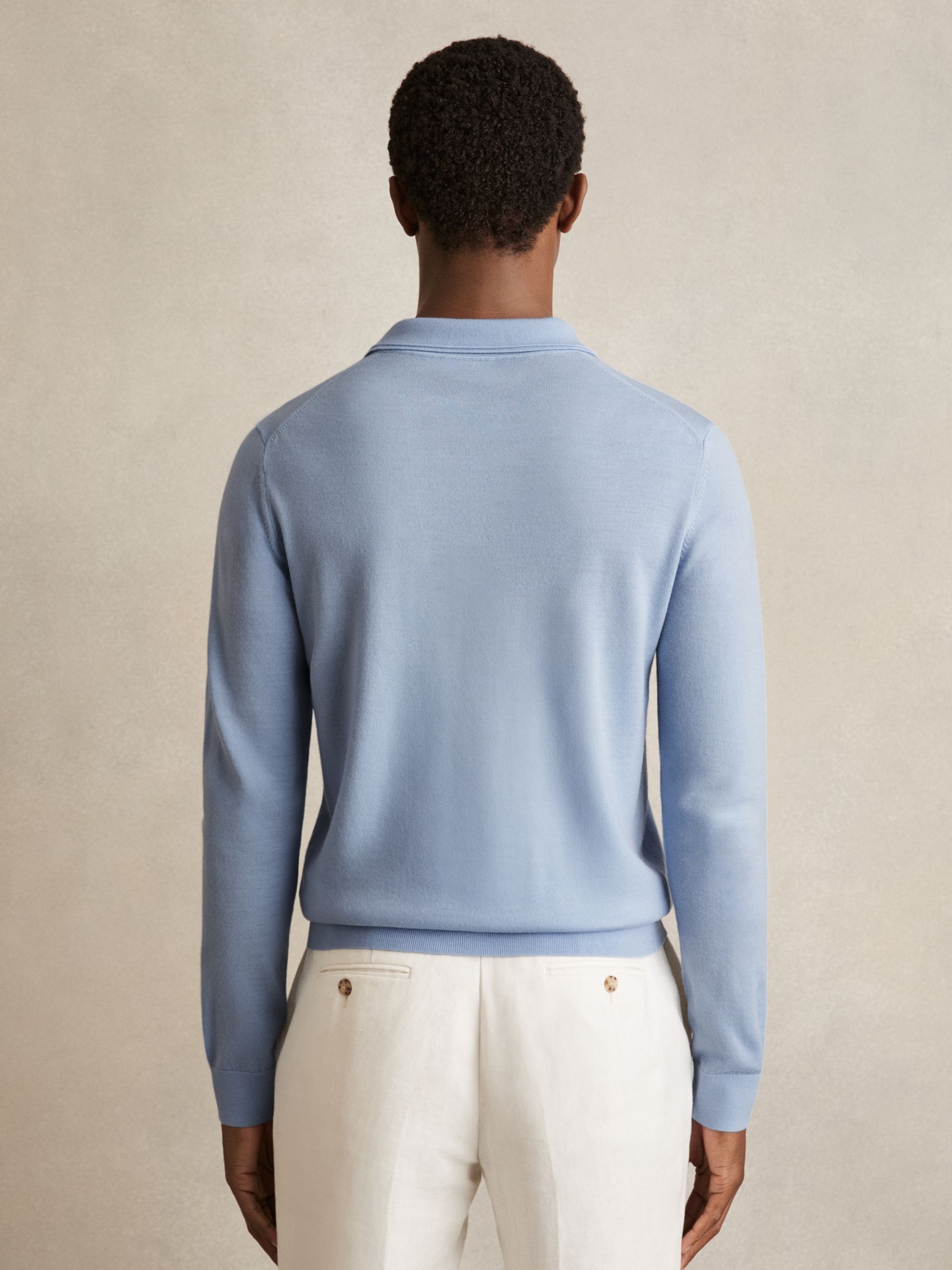 Merino Wool Long-Sleeve Polo Shirt in Soft Blue - Image 6 of 7