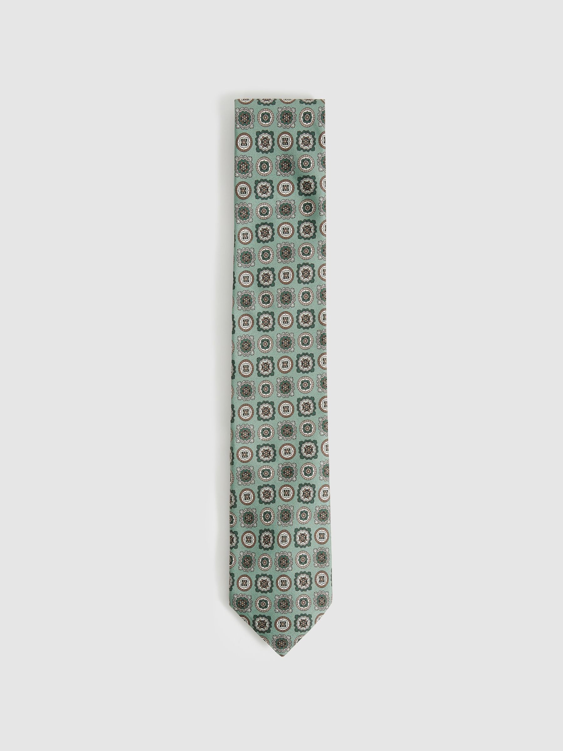 Silk Foulard Medallion Print Tie in Soft Sage - Image 1 of 5