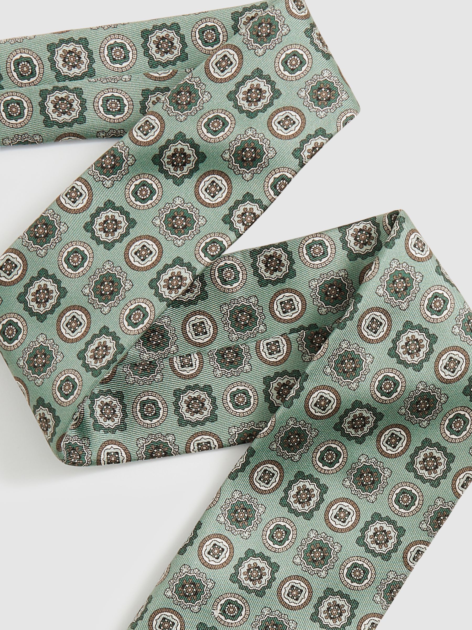 Silk Foulard Medallion Print Tie in Soft Sage - Image 3 of 5