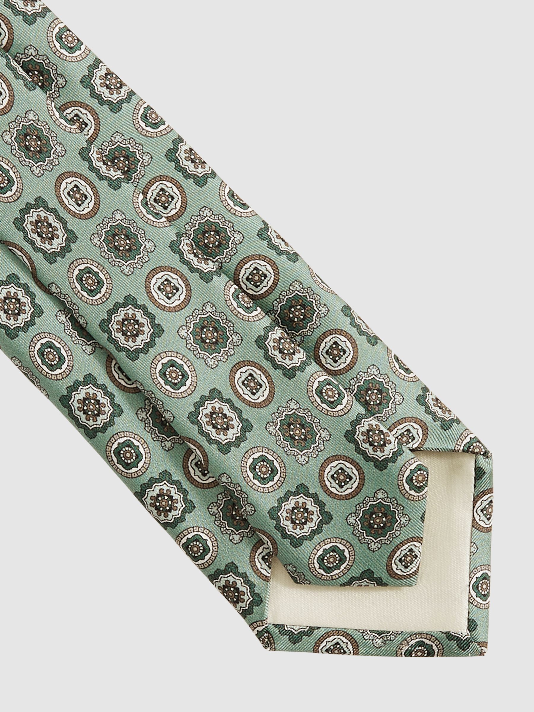Silk Foulard Medallion Print Tie in Soft Sage - Image 4 of 5