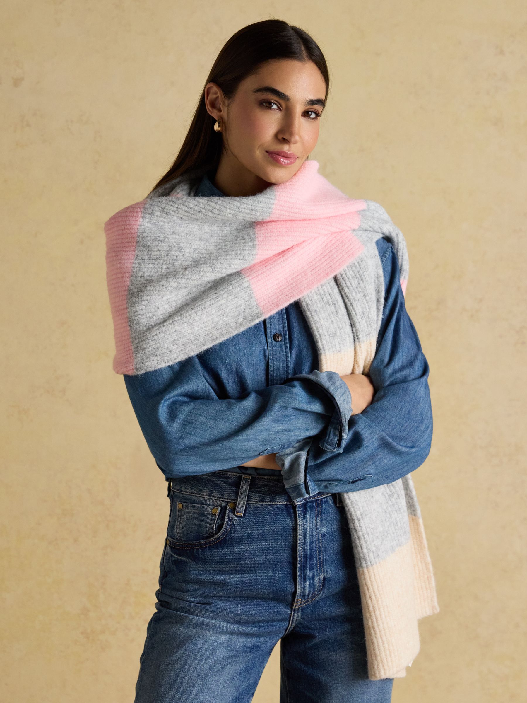 Popley Pink & Grey Stripe Scarf - Image 2 of 7 Popley Pink & Grey Stripe Scarf - Image 2 of 7