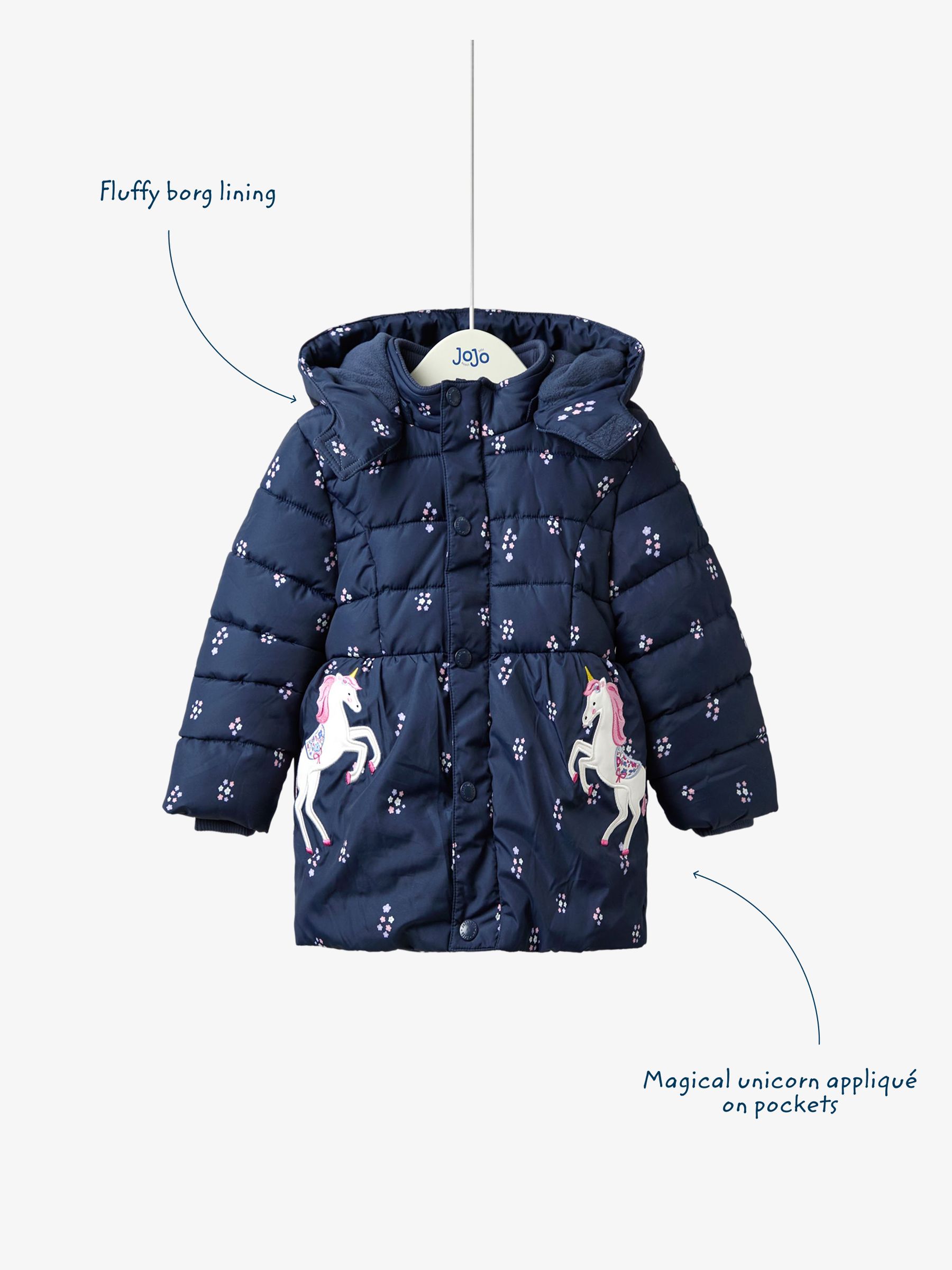 Navy Unicorn Fleece Lined Puffer Coat | JoJo Maman Bébé USA