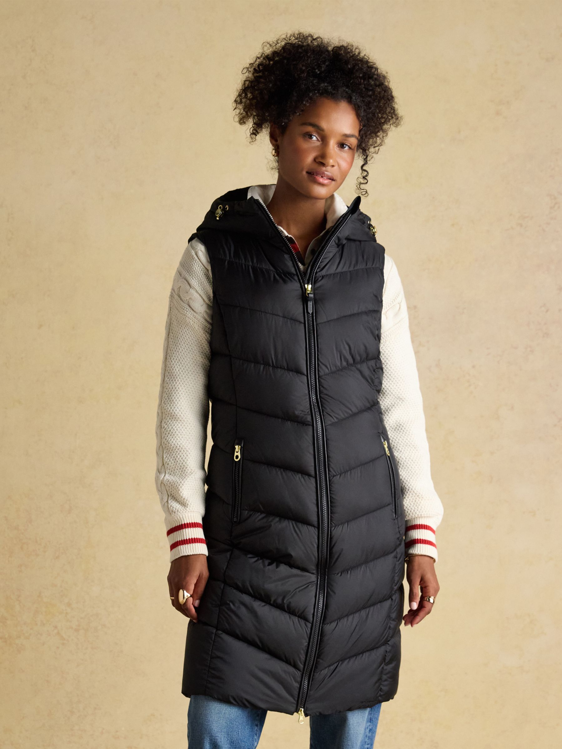 Moorsdale Black Longline Showerproof Padded Gilet with Hood | Joules