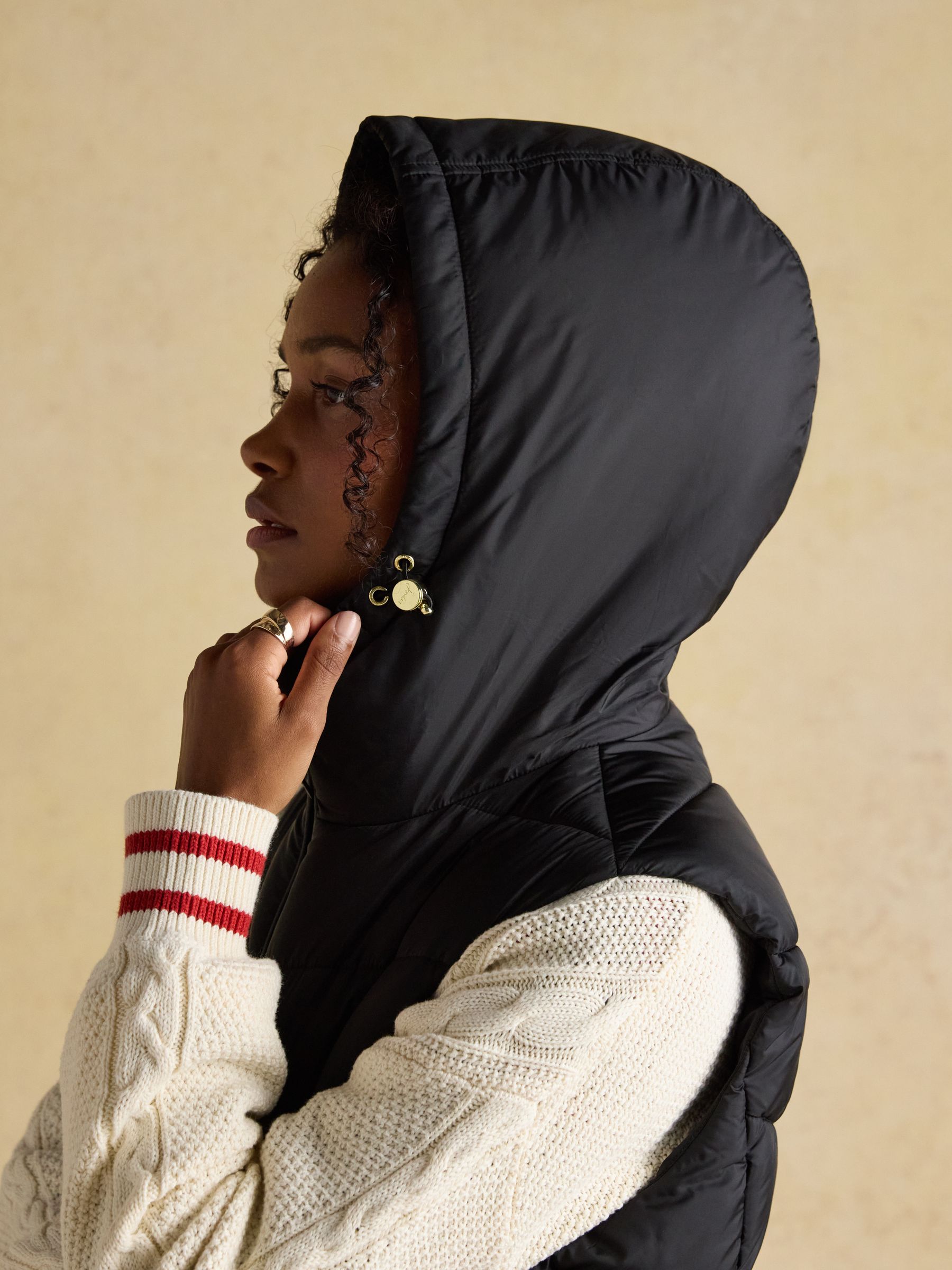Moorsdale Black Longline Showerproof Padded Gilet with Hood | Joules