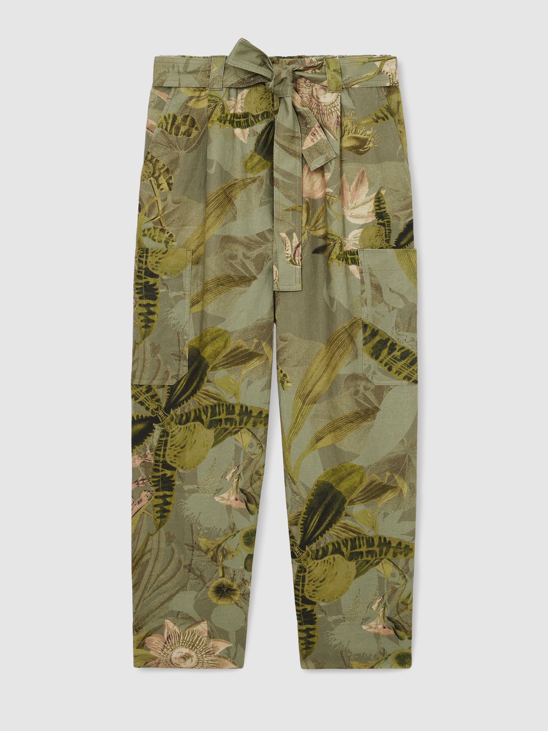 Reiss | NYBG Linen Floral Tapered Trousers in Khaki - Image 2 of 6