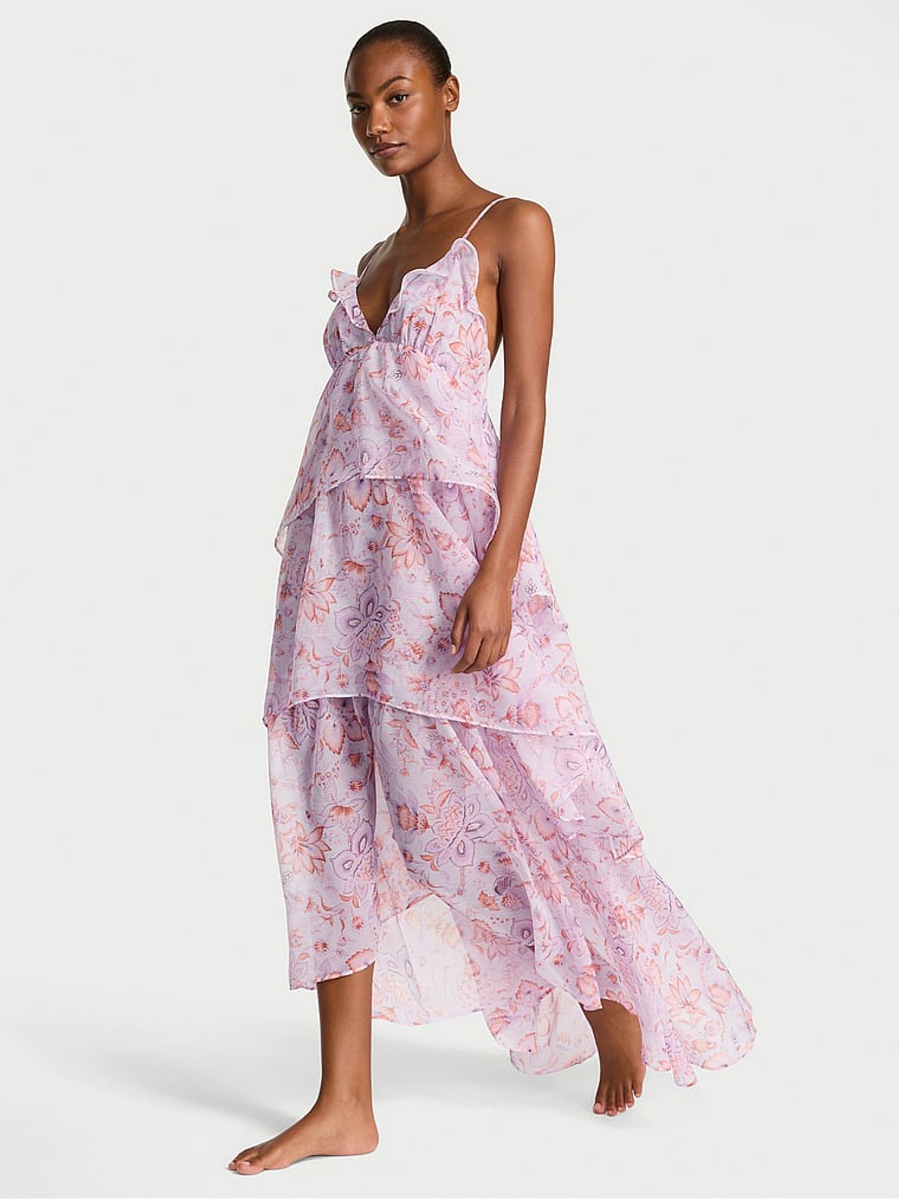 Delicate Violet Purple Blossom Chiffon Ruffled Maxi Dress - Image 1 of 3