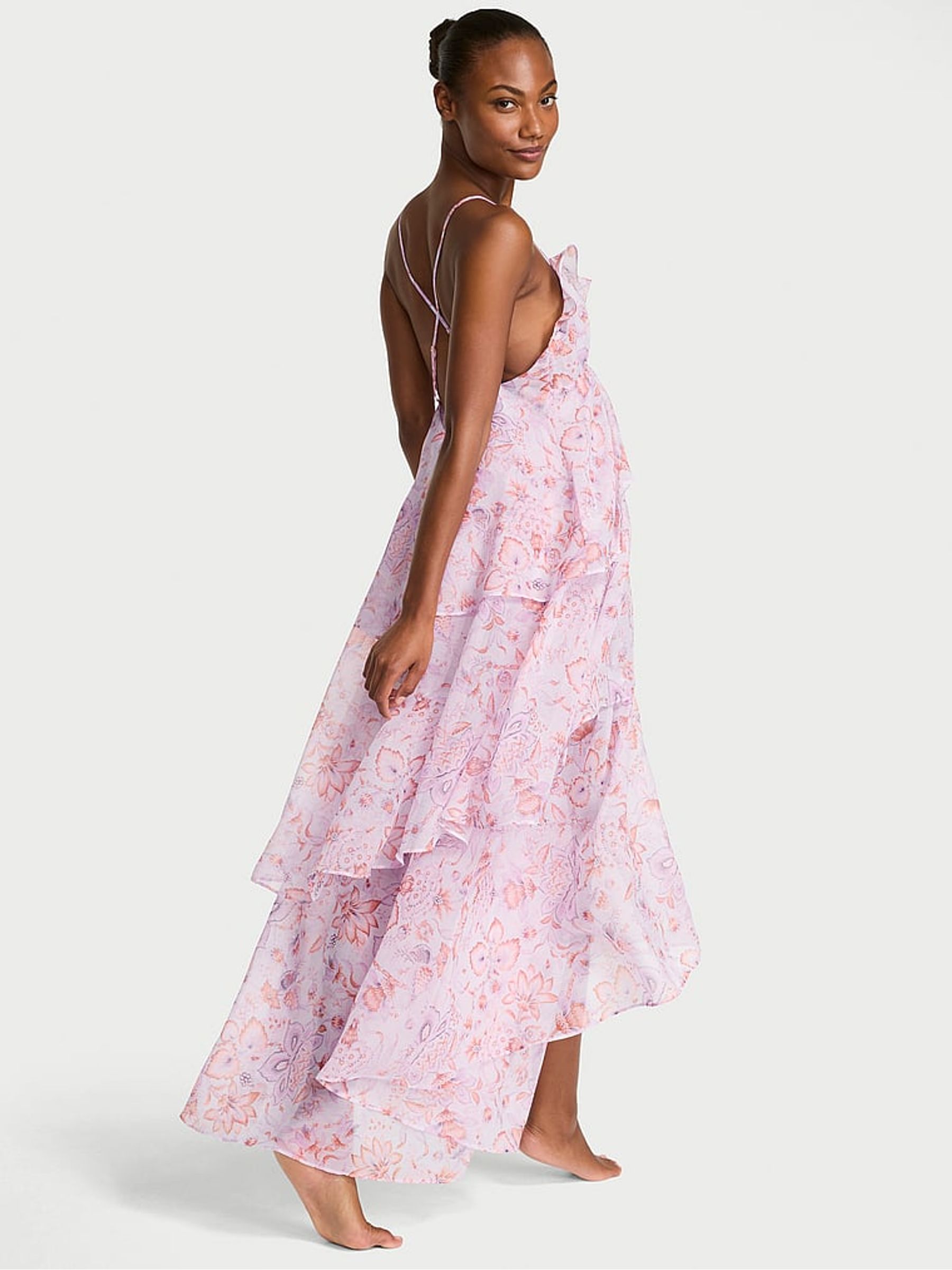 Delicate Violet Purple Blossom Chiffon Ruffled Maxi Dress